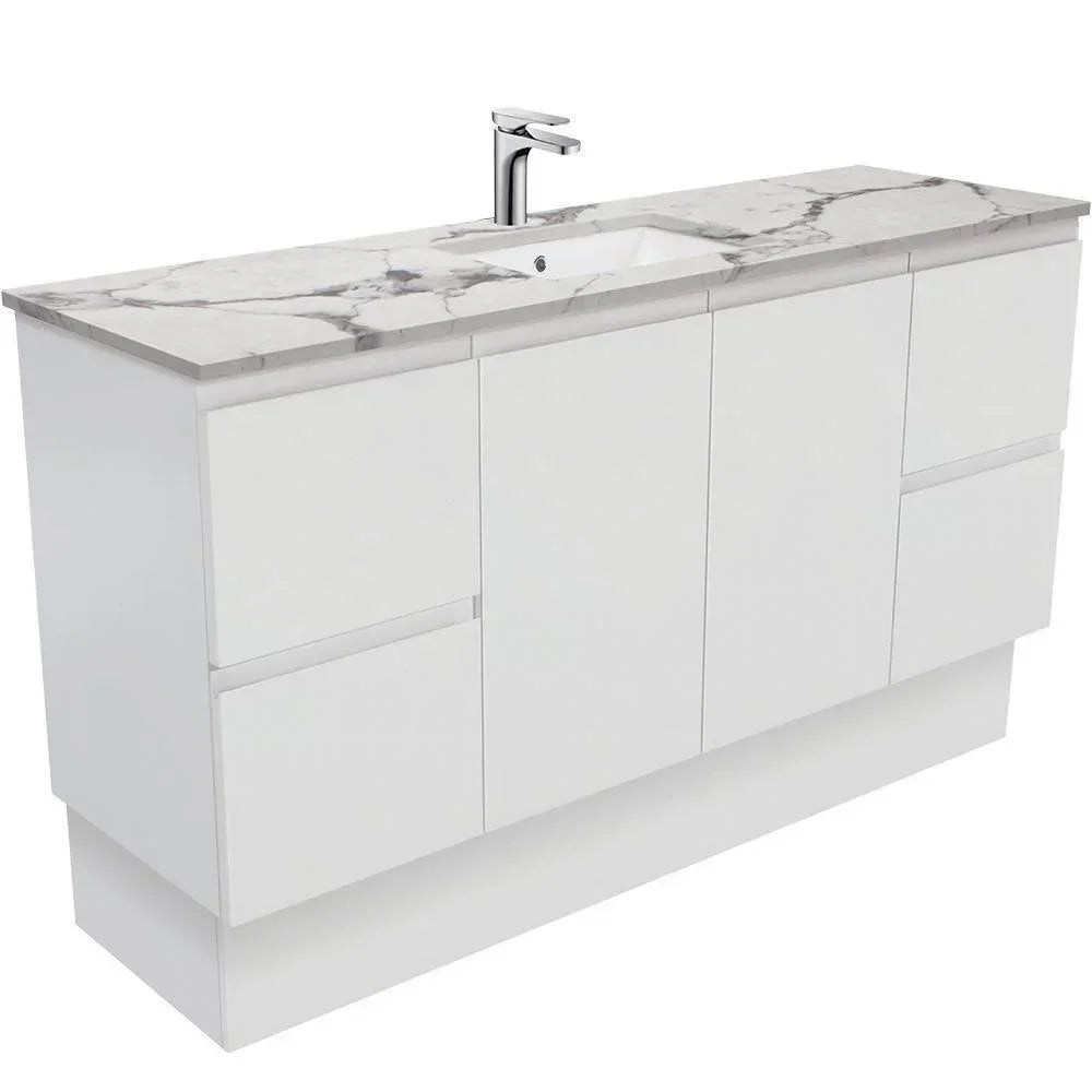 Fienza Finger Pull Matte White 1500mm Vanity With Undermounted Stone Top - Ideal Bathroom CentreSM150ZKSFreestandingCalacatta MarbleSingle Centre Bowl