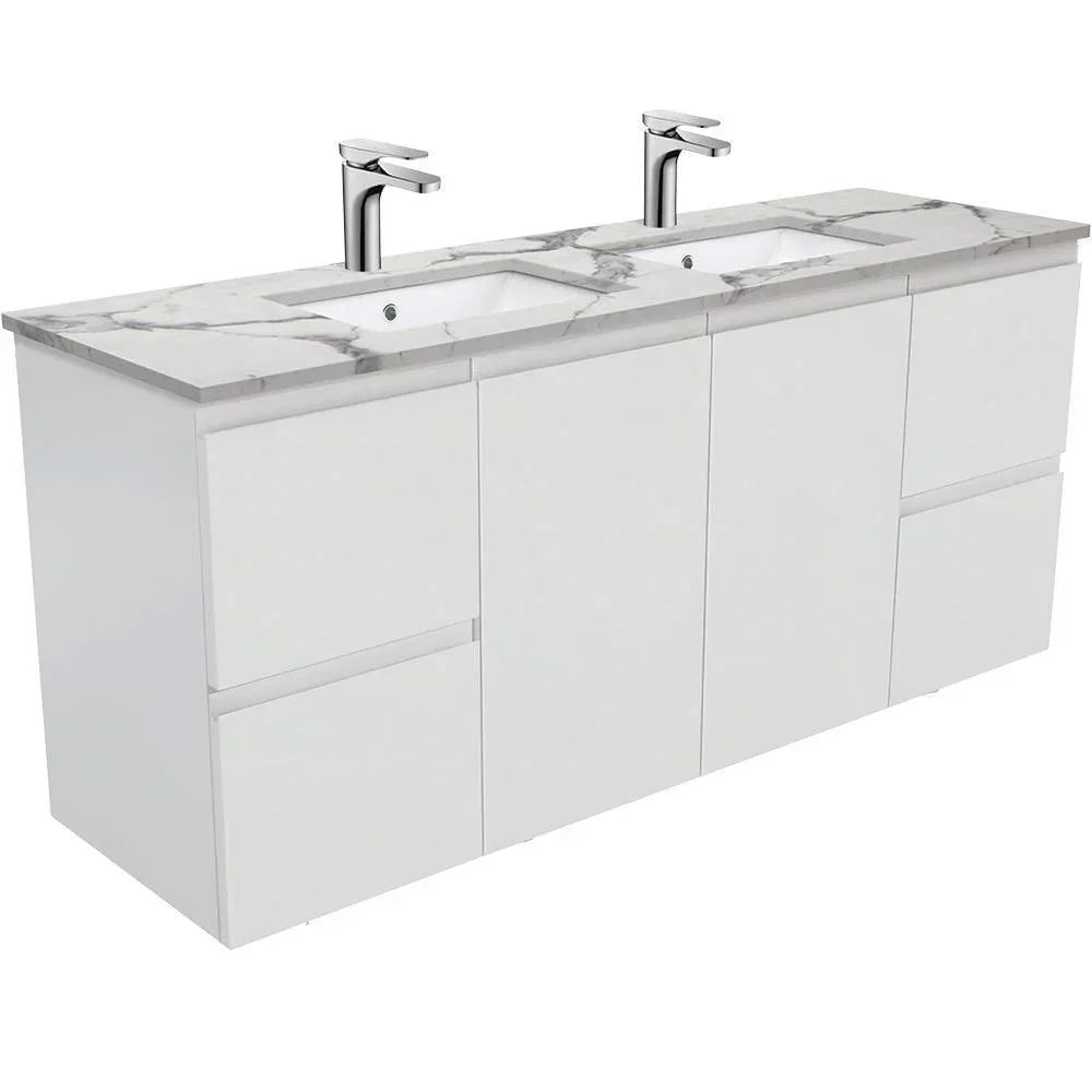 Fienza Finger Pull Matte White 1500mm Vanity With Undermounted Stone Top - Ideal Bathroom CentreSM150ZDWall HungCalacatta MarbleDouble Bowl