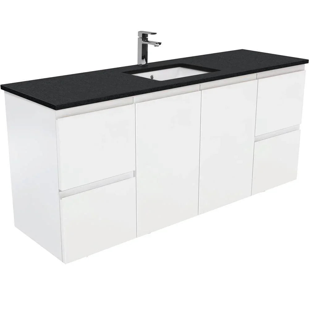 Fienza Finger Pull Matte White 1500mm Vanity With Undermounted Stone Top - Ideal Bathroom CentreSB150ZSWall HungBlack SparkleSingle Centre Bowl