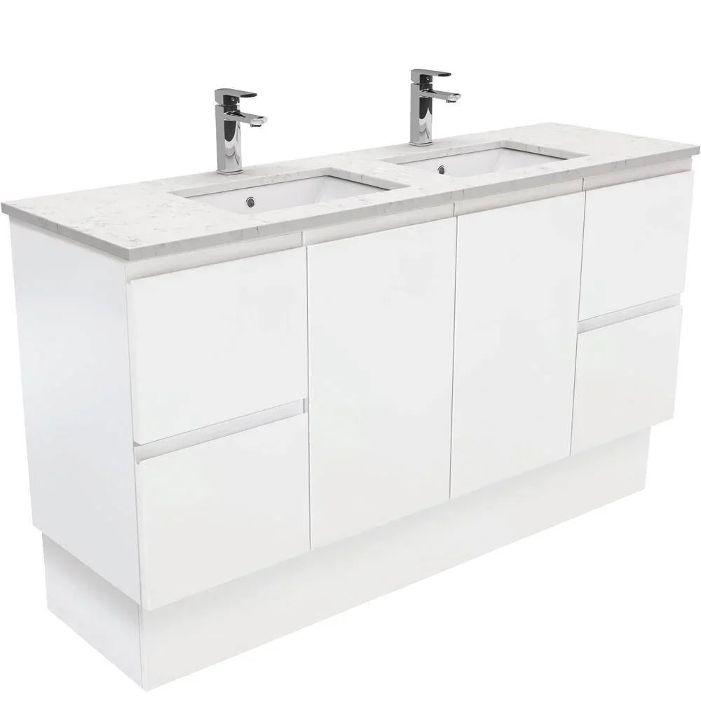 Fienza Finger Pull Matte White 1500mm Vanity With Undermounted Stone Top - Ideal Bathroom CentreSI150ZKDFreestandingBianco MarbleDouble Bowl