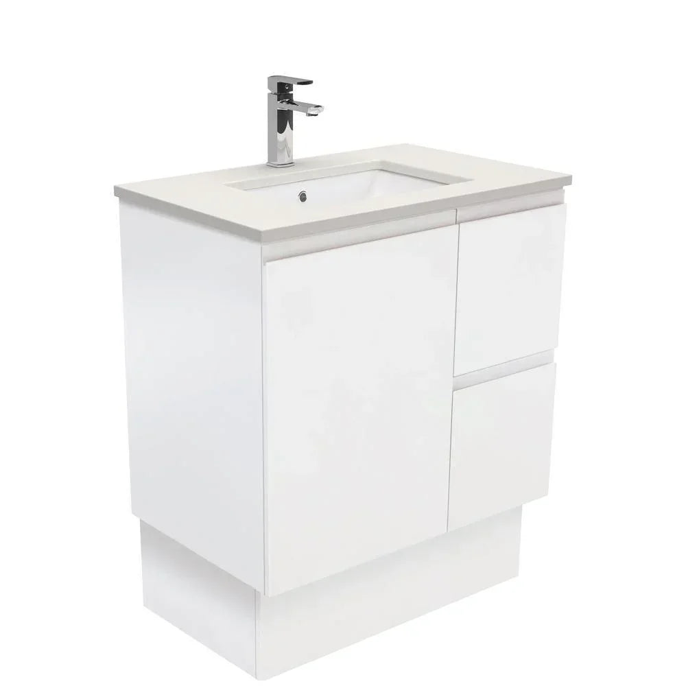 Fienza Finger Pull Matte White 750mm Vanity With Undermounted Stone Top - Ideal Bathroom CentreSA75ZKRFreestandingRight Hand DrawersRoman Sand