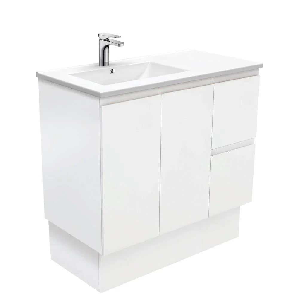 Fienza Finger Pull Matte White 900mm Vanity With Ceramic Top - Ideal Bathroom CentreTCL90ZKRFreestandingRight Hand SideLeft Hand Basin