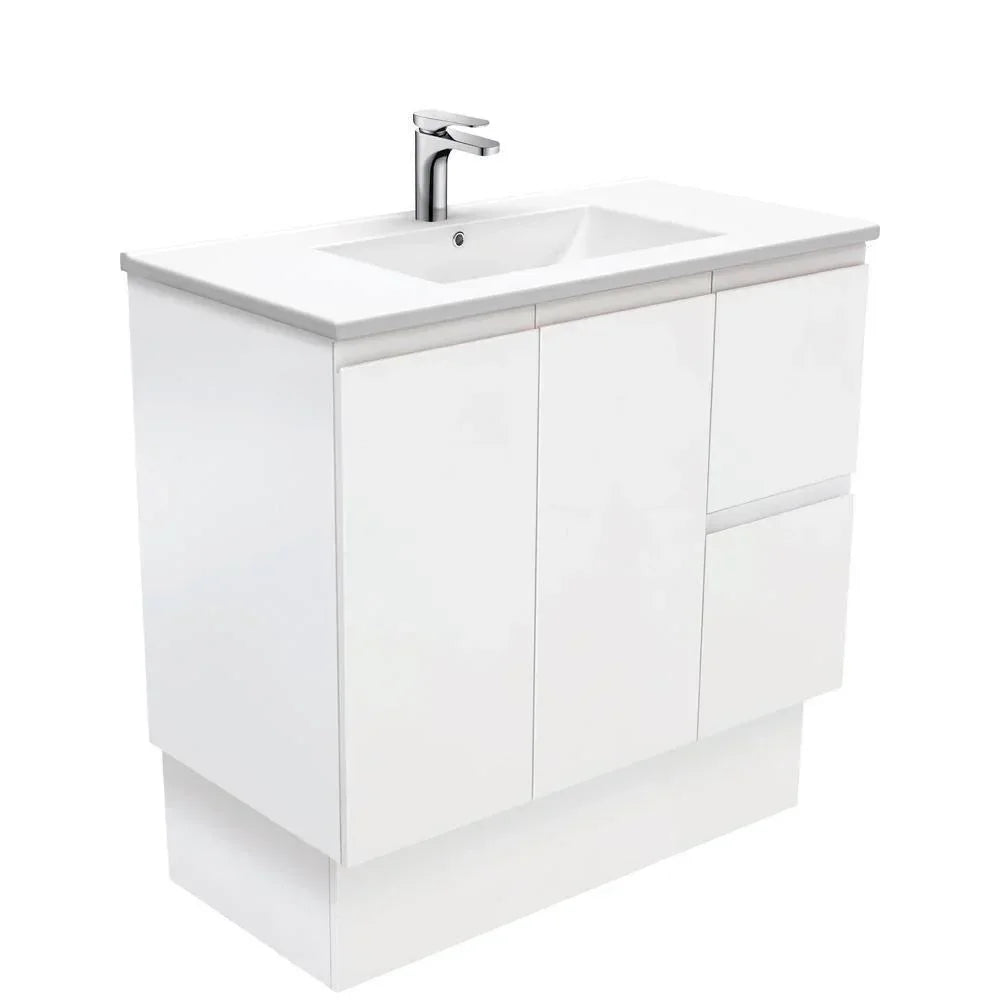 Fienza Finger Pull Matte White 900mm Vanity With Ceramic Top - Ideal Bathroom CentreTCL90LZKFreestandingRight Hand SideCentre Basin
