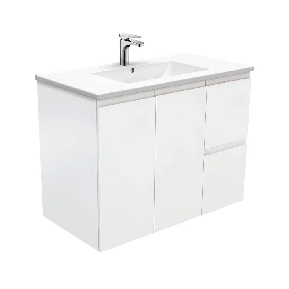 Fienza Finger Pull Matte White 900mm Vanity With Ceramic Top - Ideal Bathroom CentreTCL90ZRWall HungRight Hand SideCentre Basin