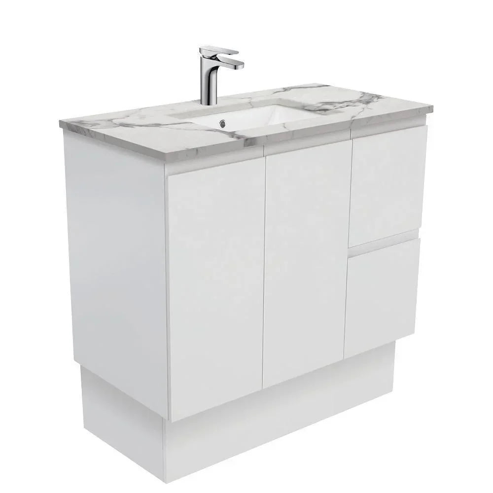 Fienza Finger Pull Matte White 900mm Vanity With Undermounted Stone Top - Ideal Bathroom CentreSM90ZKRFreestandingRight Hand DrawersCalacatta Marble