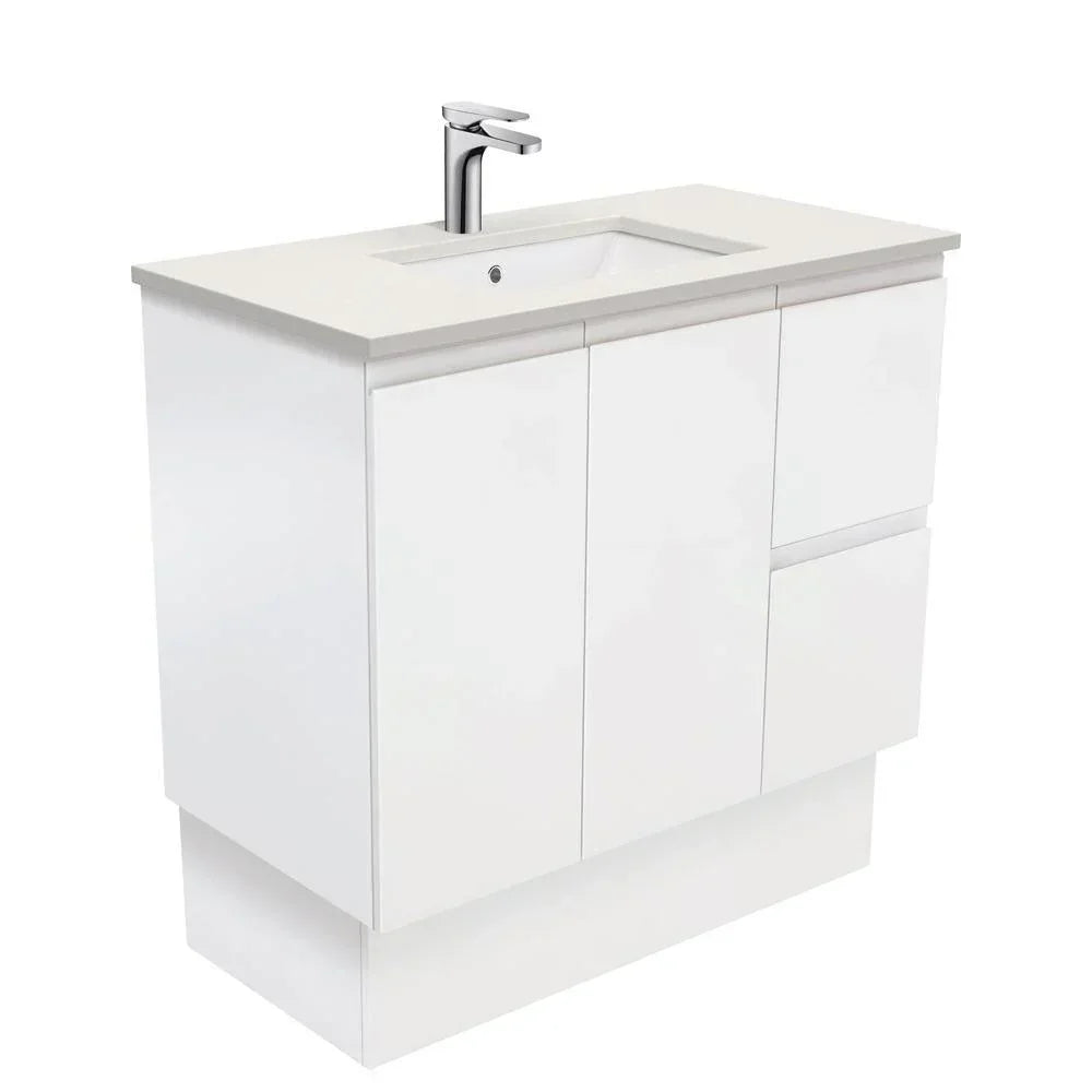 Fienza Finger Pull Matte White 900mm Vanity With Undermounted Stone Top - Ideal Bathroom CentreSA90ZKRFreestandingRight Hand DrawersRoman Sand