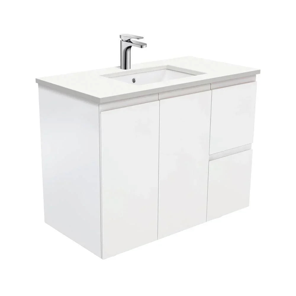 Fienza Finger Pull Matte White 900mm Vanity With Undermounted Stone Top - Ideal Bathroom CentreSC90ZRWall HungRight Hand DrawersCrystal Pure