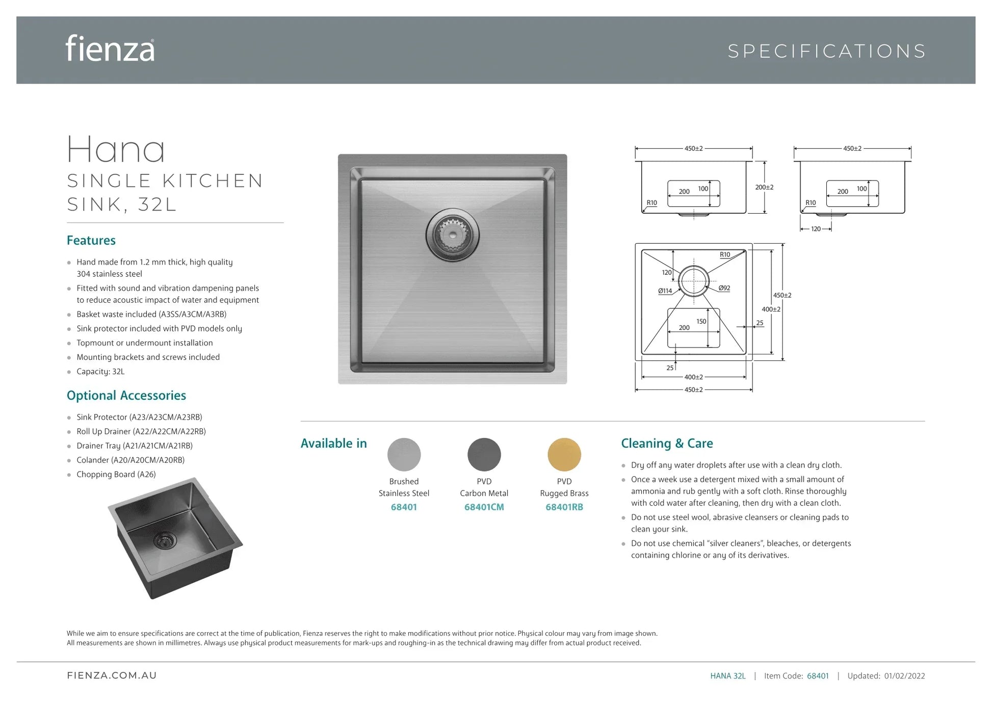 Fienza Hana 32L Single Kitchen Sink - Ideal Bathroom Centre68401RBRugged Brass