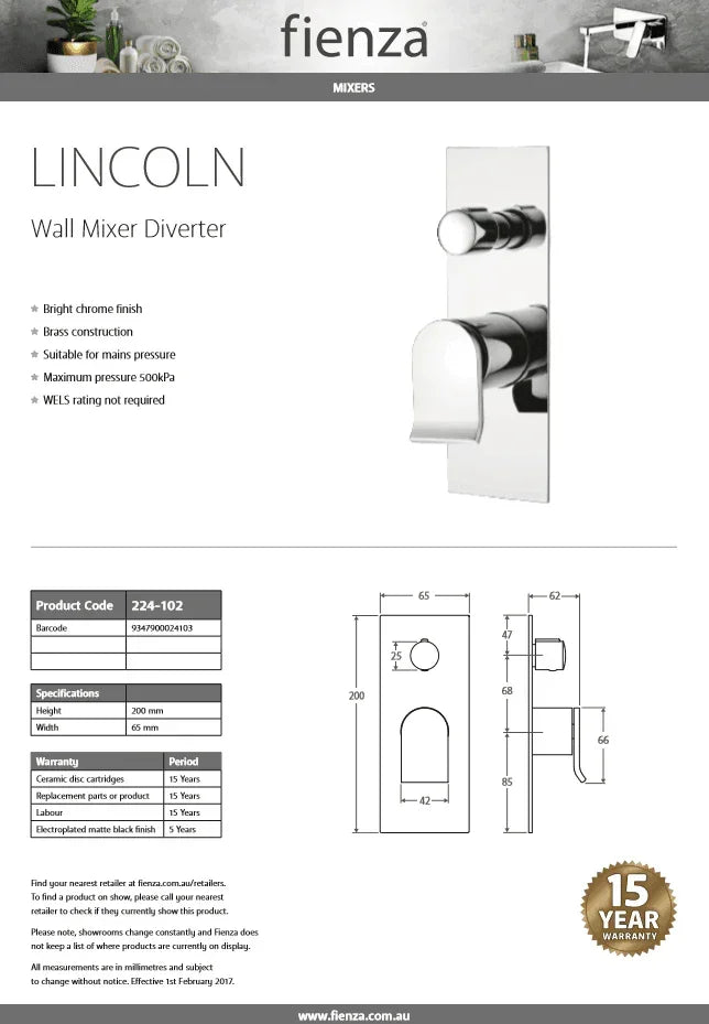 Fienza LINCOLN Wall Mixer Diverter 224-102 - Ideal Bathroom Centre224-102
