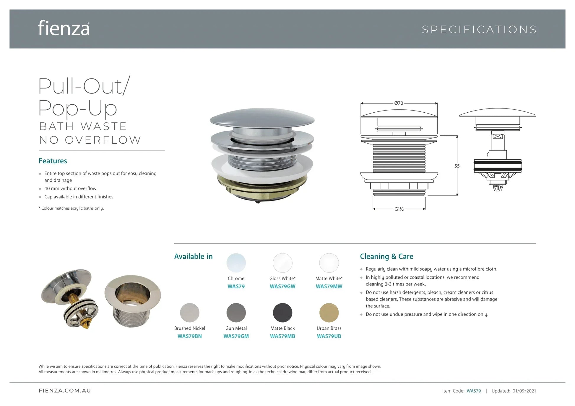 Fienza Pull-Out/Pop-Up 40mm Bath Waste NO Overflow - Ideal Bathroom CentreWAS79UBBrushed Gold