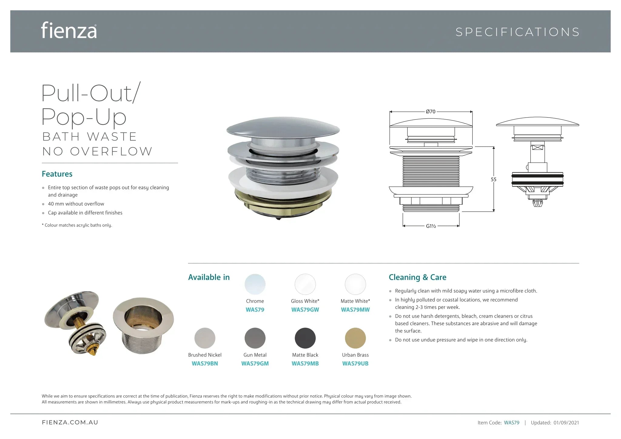 Fienza Pull-Out/Pop-Up 40mm Bath Waste NO Overflow - Ideal Bathroom CentreWAS79UBBrushed Gold
