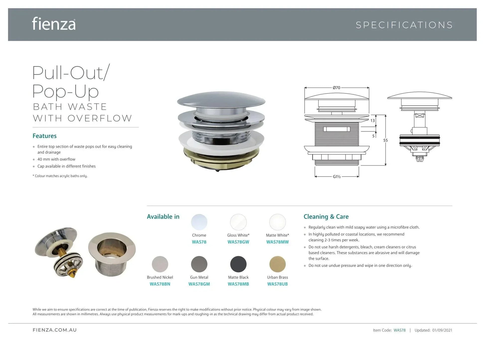 Fienza Pull-Out/Pop-Up 40mm Bath Waste with Overflow - Ideal Bathroom CentreWAS78UBBrushed Gold