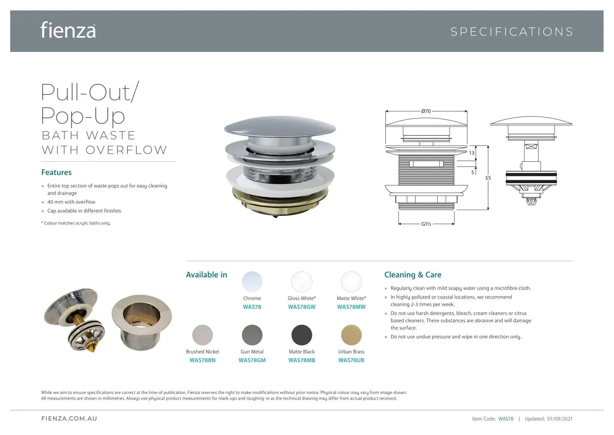 Fienza Pull-Out/Pop-Up 40mm Bath Waste with Overflow - Ideal Bathroom CentreWAS78UBBrushed Gold