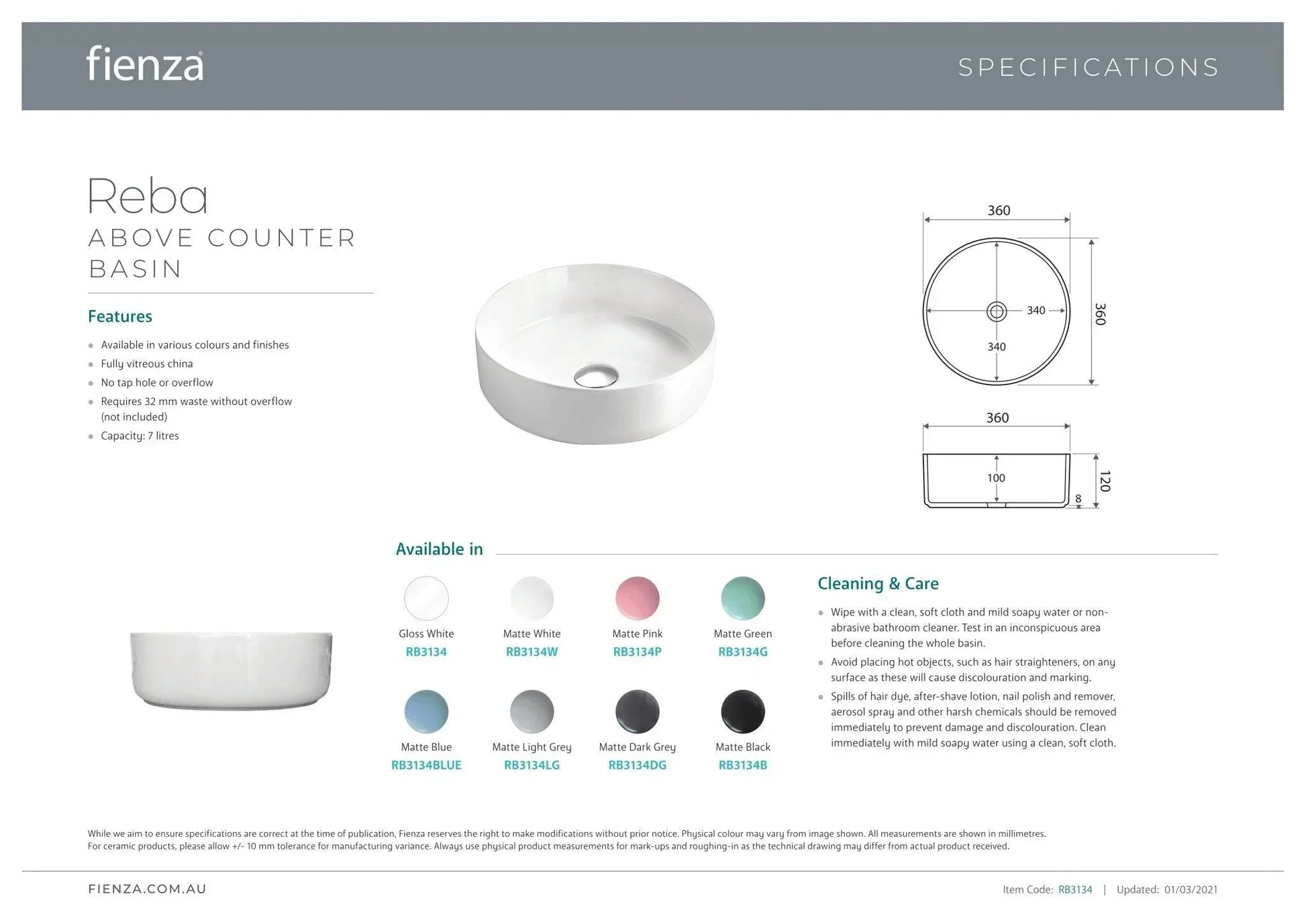 Fienza Reba Above Counter Basin - Ideal Bathroom CentreRB3134BMatte Black