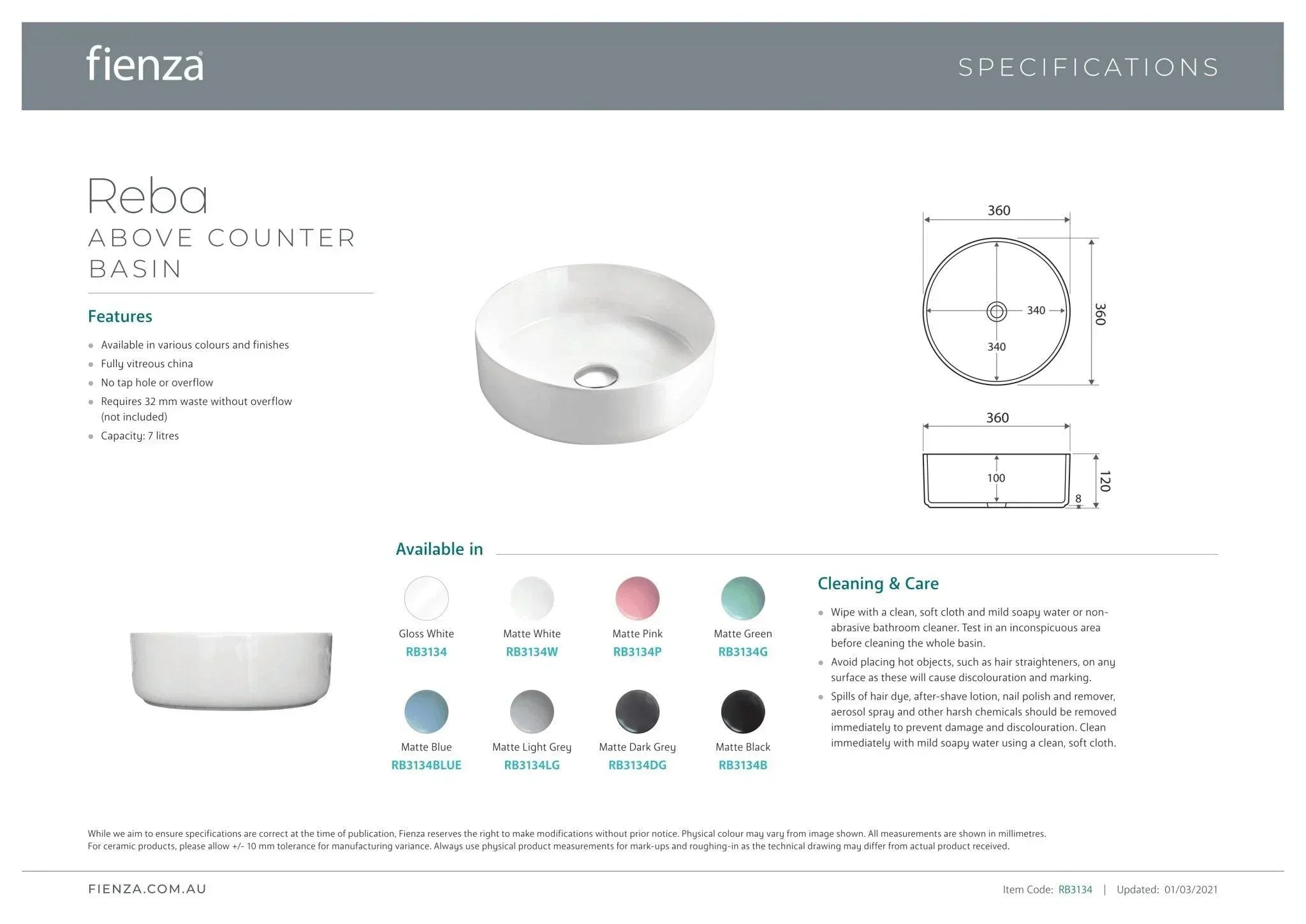 Fienza Reba Above Counter Basin - Ideal Bathroom CentreRB3134BMatte Black