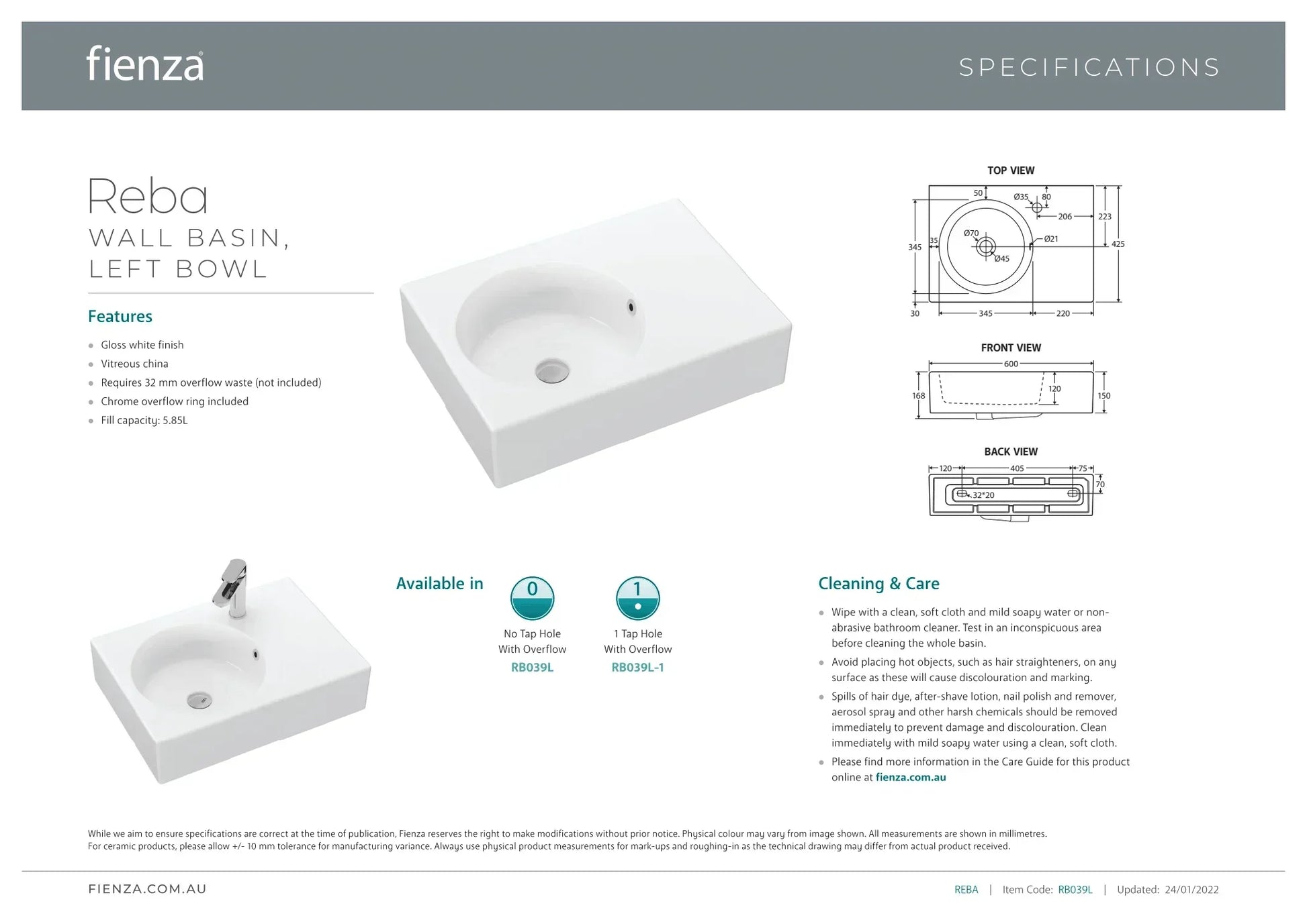 Fienza Reba Left Bowl Wall Basin - Ideal Bathroom CentreRB039LNo Tap Hole