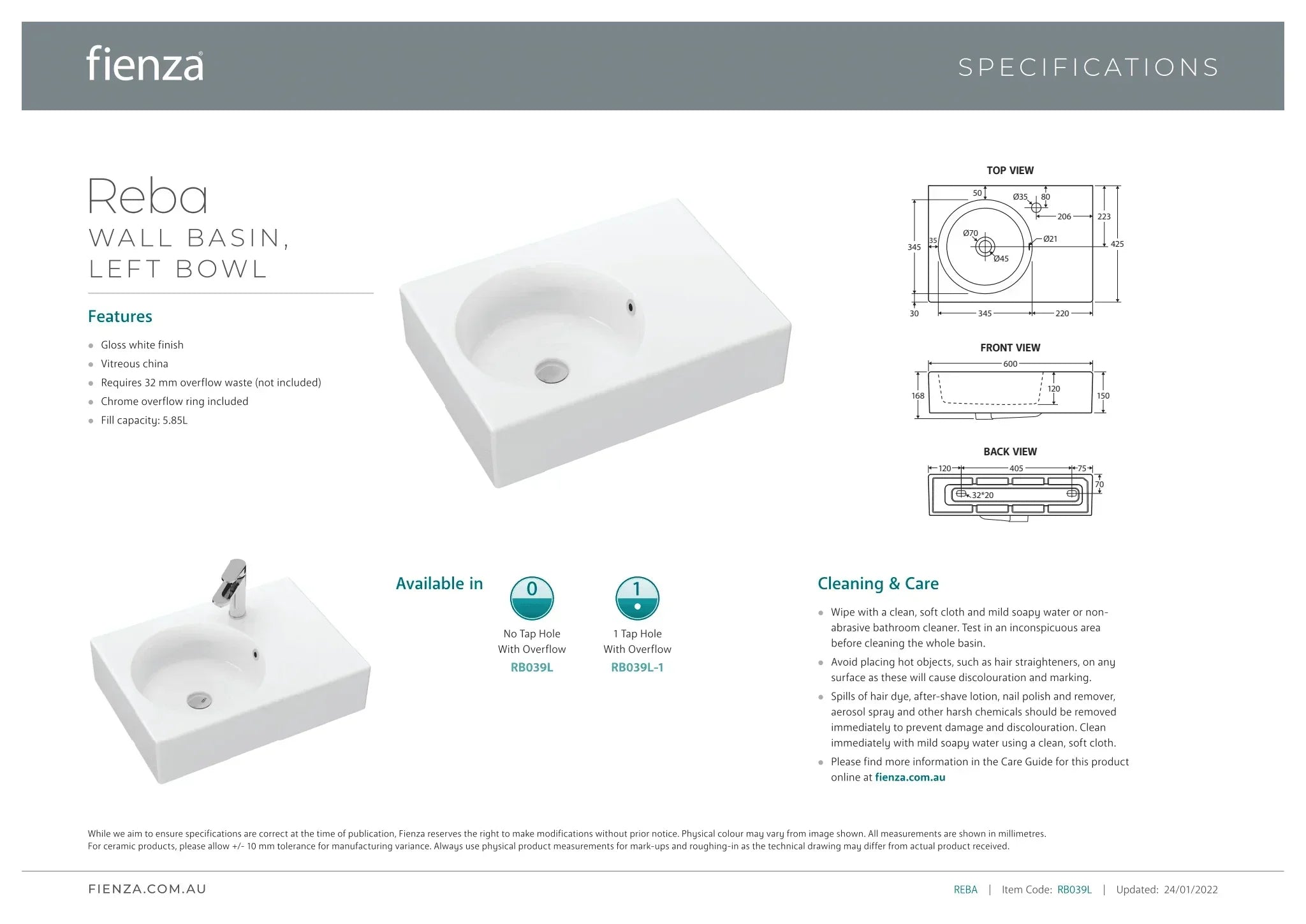 Fienza Reba Left Bowl Wall Basin - Ideal Bathroom CentreRB039LNo Tap Hole