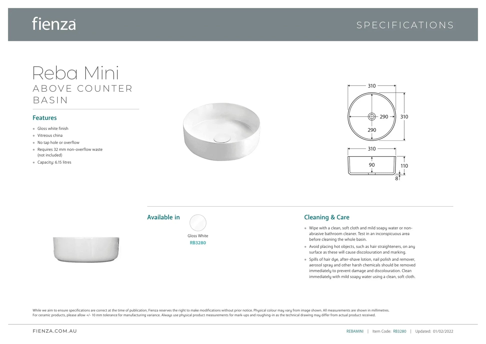 Fienza Reba Mini Above Counter Basin - Ideal Bathroom CentreRB3280