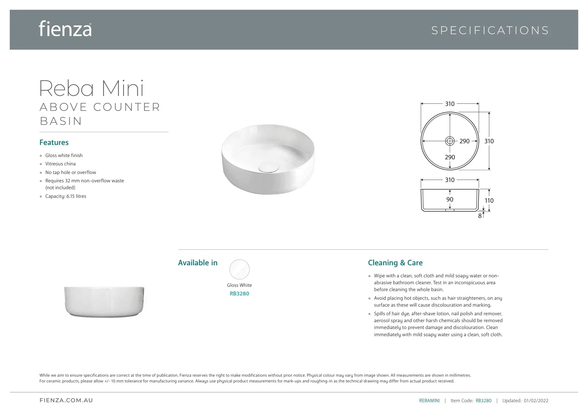 Fienza Reba Mini Above Counter Basin - Ideal Bathroom CentreRB3280