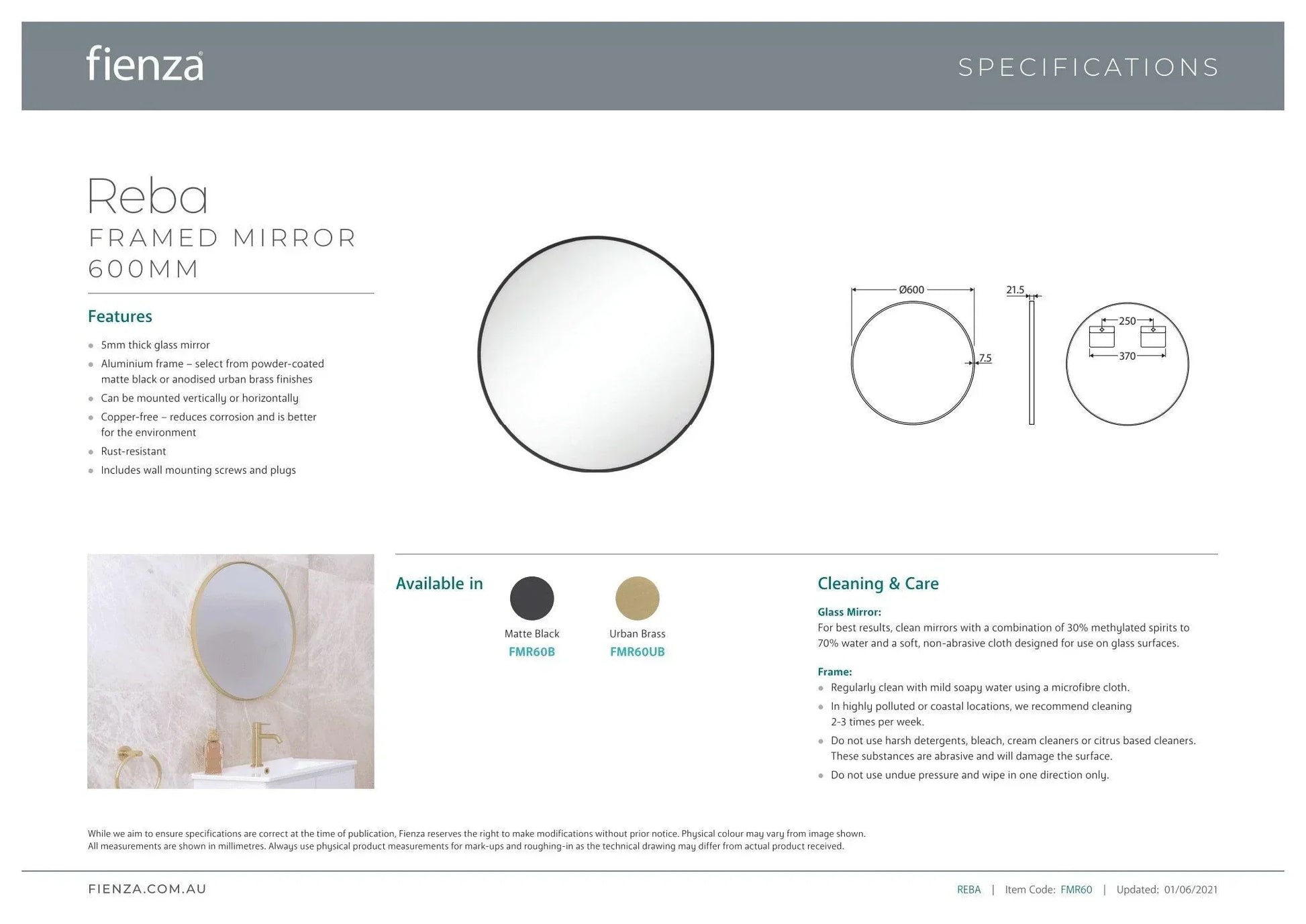 Fienza Reba Round Metal Framed Mirror - Ideal Bathroom CentreFMR80UBUrbane Brass800mm