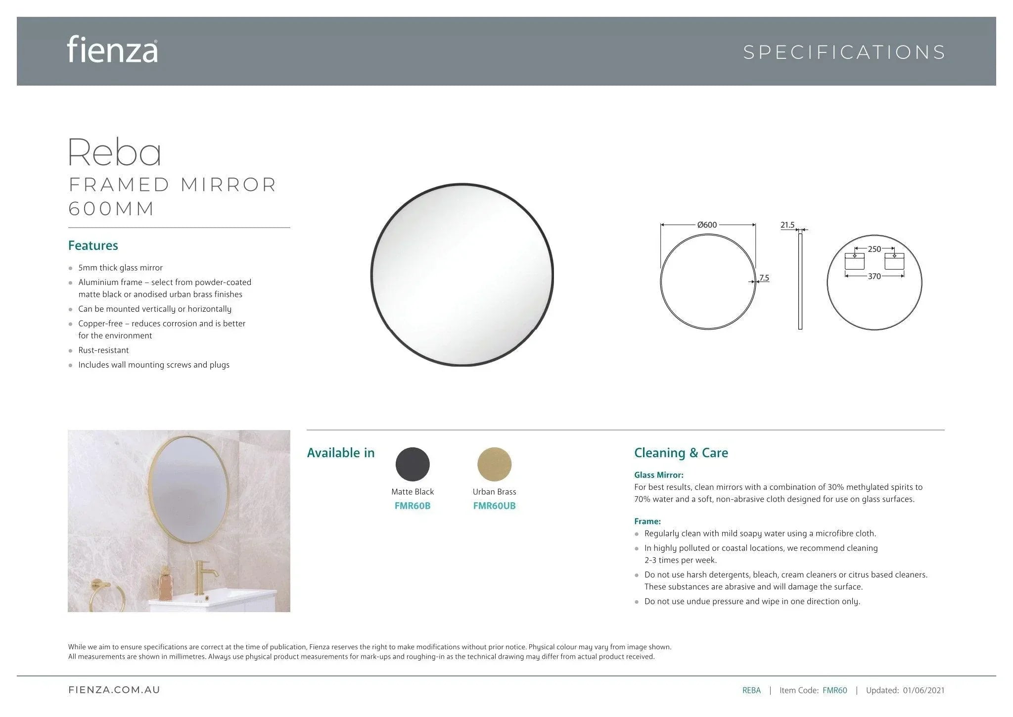 Fienza Reba Round Metal Framed Mirror - Ideal Bathroom CentreFMR80UBUrbane Brass800mm