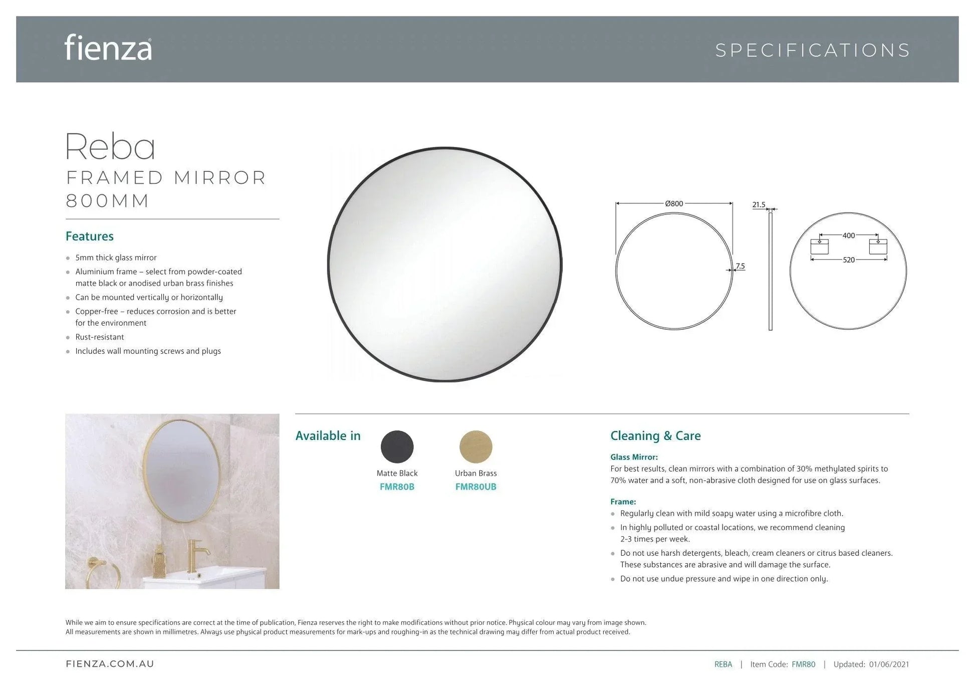 Fienza Reba Round Metal Framed Mirror - Ideal Bathroom CentreFMR80UBUrbane Brass800mm