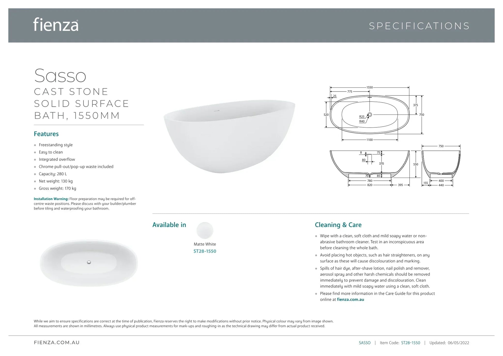 Fienza Sasso Matte White Stone Bath - Ideal Bathroom CentreST28-16501650mm