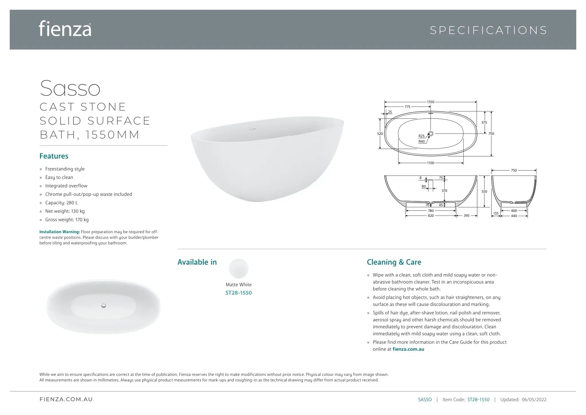 Fienza Sasso Matte White Stone Bath - Ideal Bathroom CentreST28-16501650mm