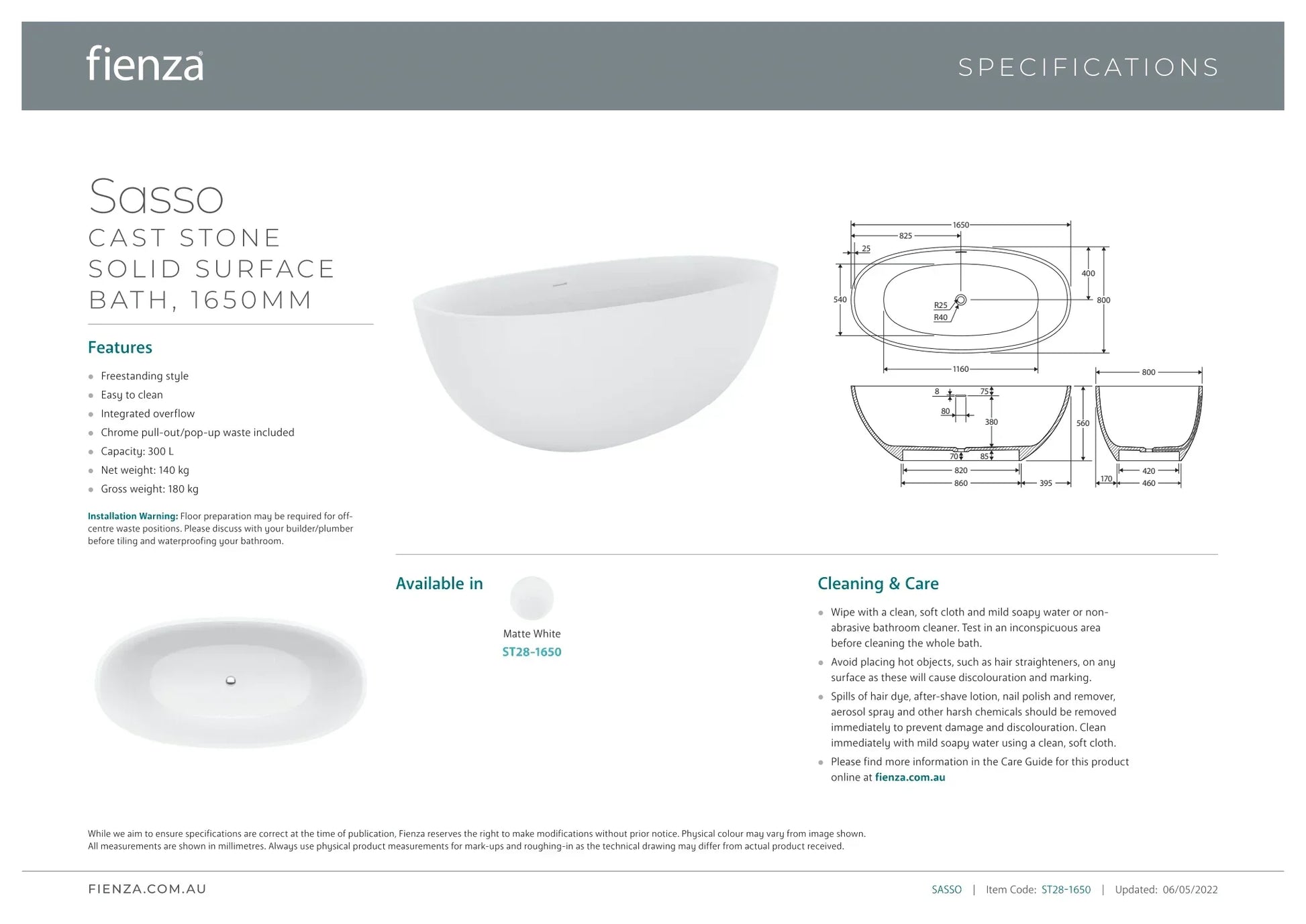 Fienza Sasso Matte White Stone Bath - Ideal Bathroom CentreST28-16501650mm