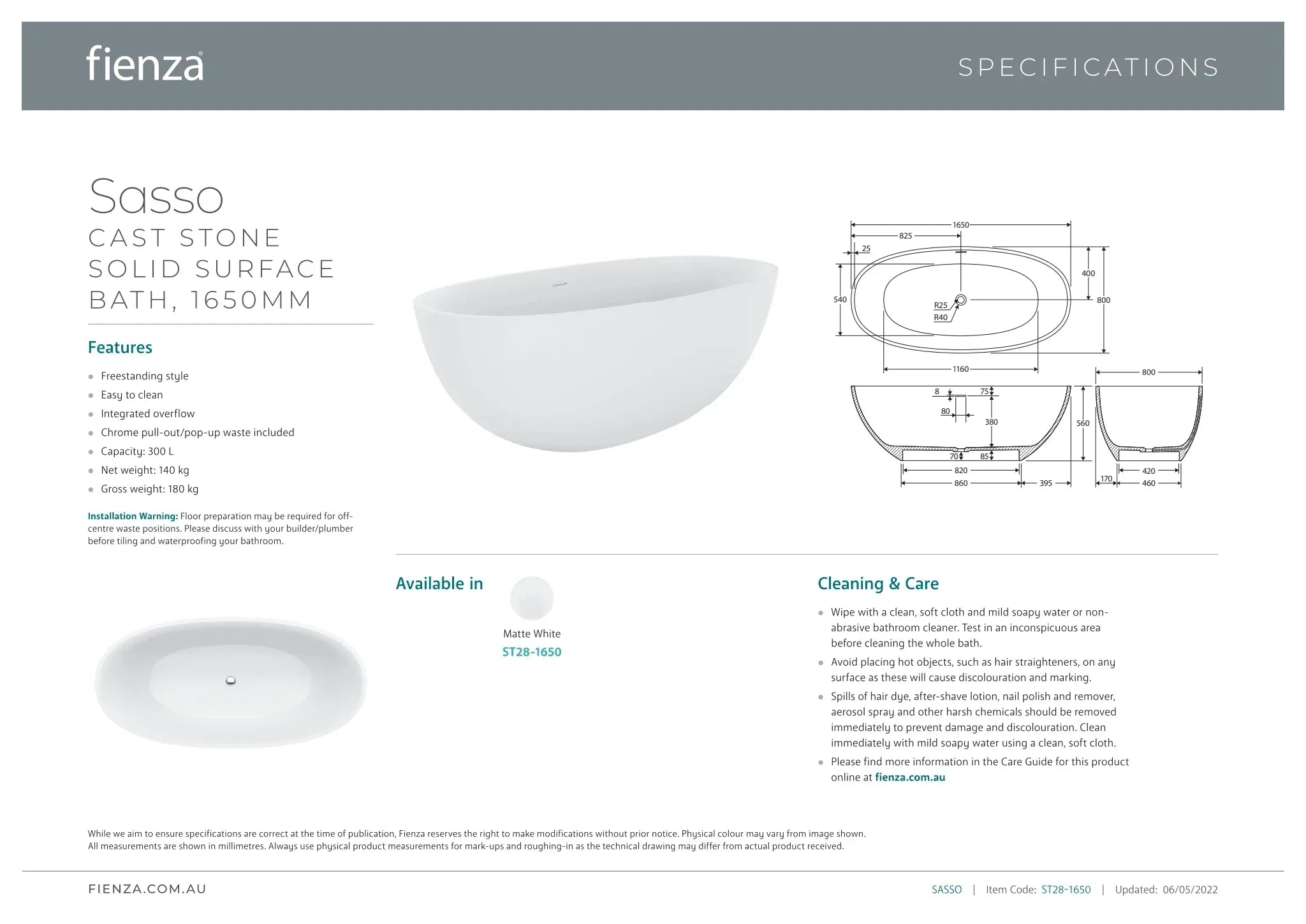 Fienza Sasso Matte White Stone Bath - Ideal Bathroom CentreST28-16501650mm