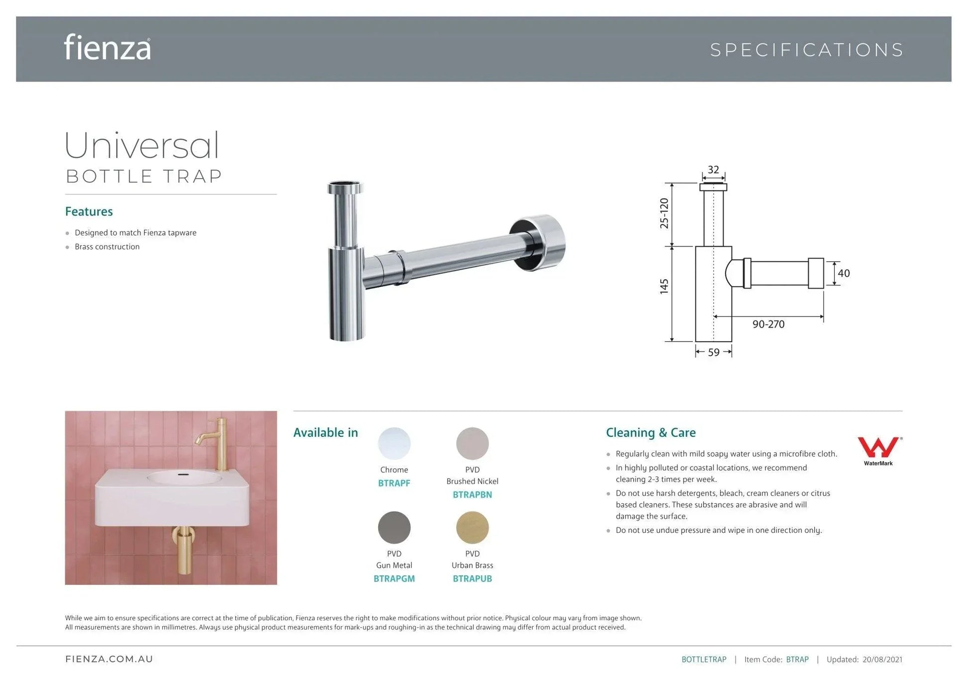 Fienza Universal Bottle Trap - Ideal Bathroom CentreBTRAPUBBrushed Gold