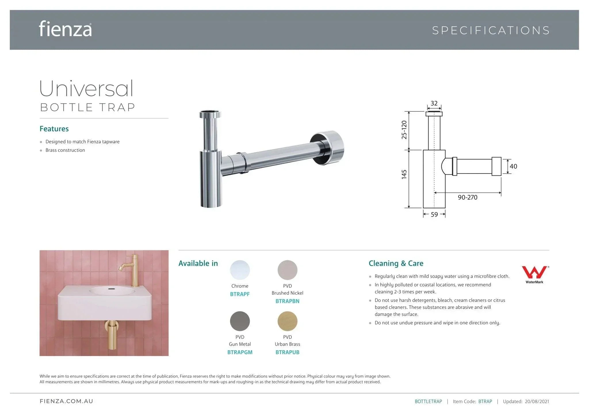 Fienza Universal Bottle Trap - Ideal Bathroom CentreBTRAPUBBrushed Gold