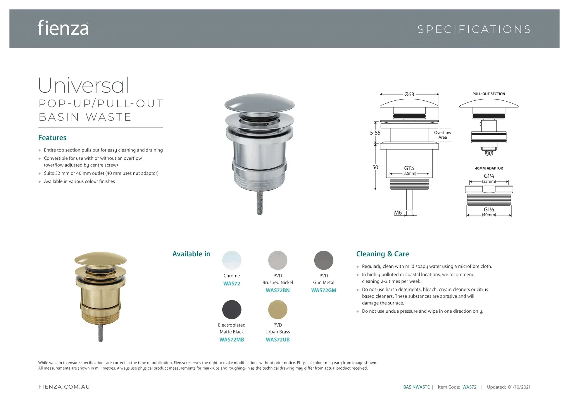 Fienza Universal Pop Up Waste - Ideal Bathroom CentreWAS72BGBrushed Gold