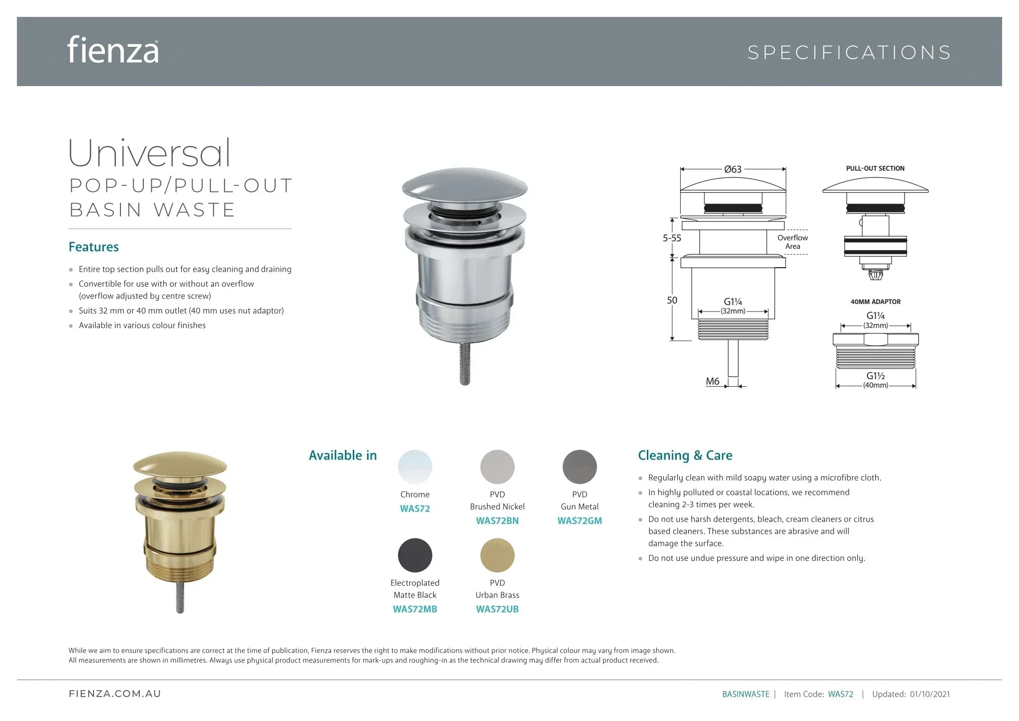 Fienza Universal Pop Up Waste - Ideal Bathroom CentreWAS72BGBrushed Gold