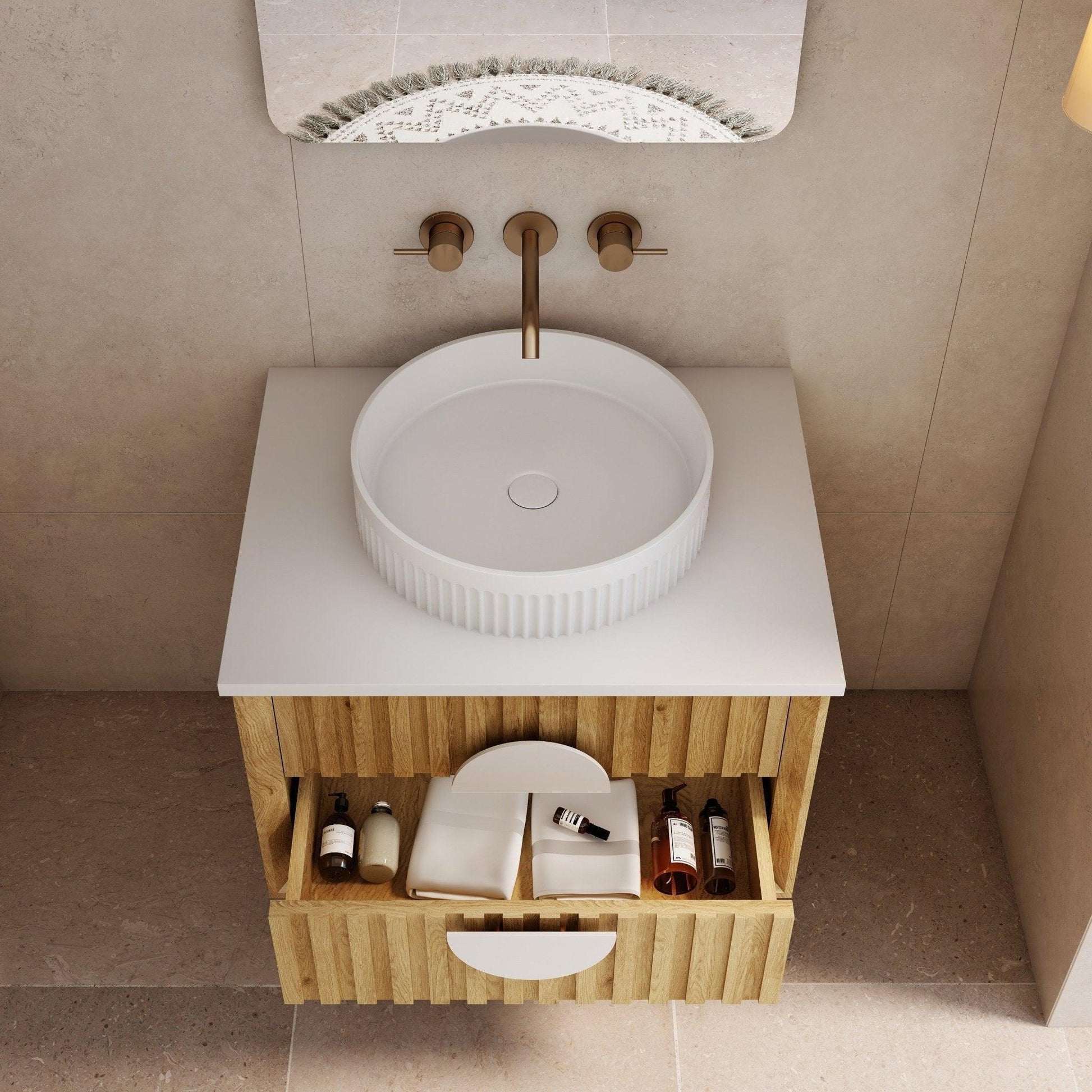 Milano Flow All-Drawer Wall Hung Vanity Natural Oak - Ideal Bathroom CentreFL600N-ALLDRAWER600mmCentre Bowl