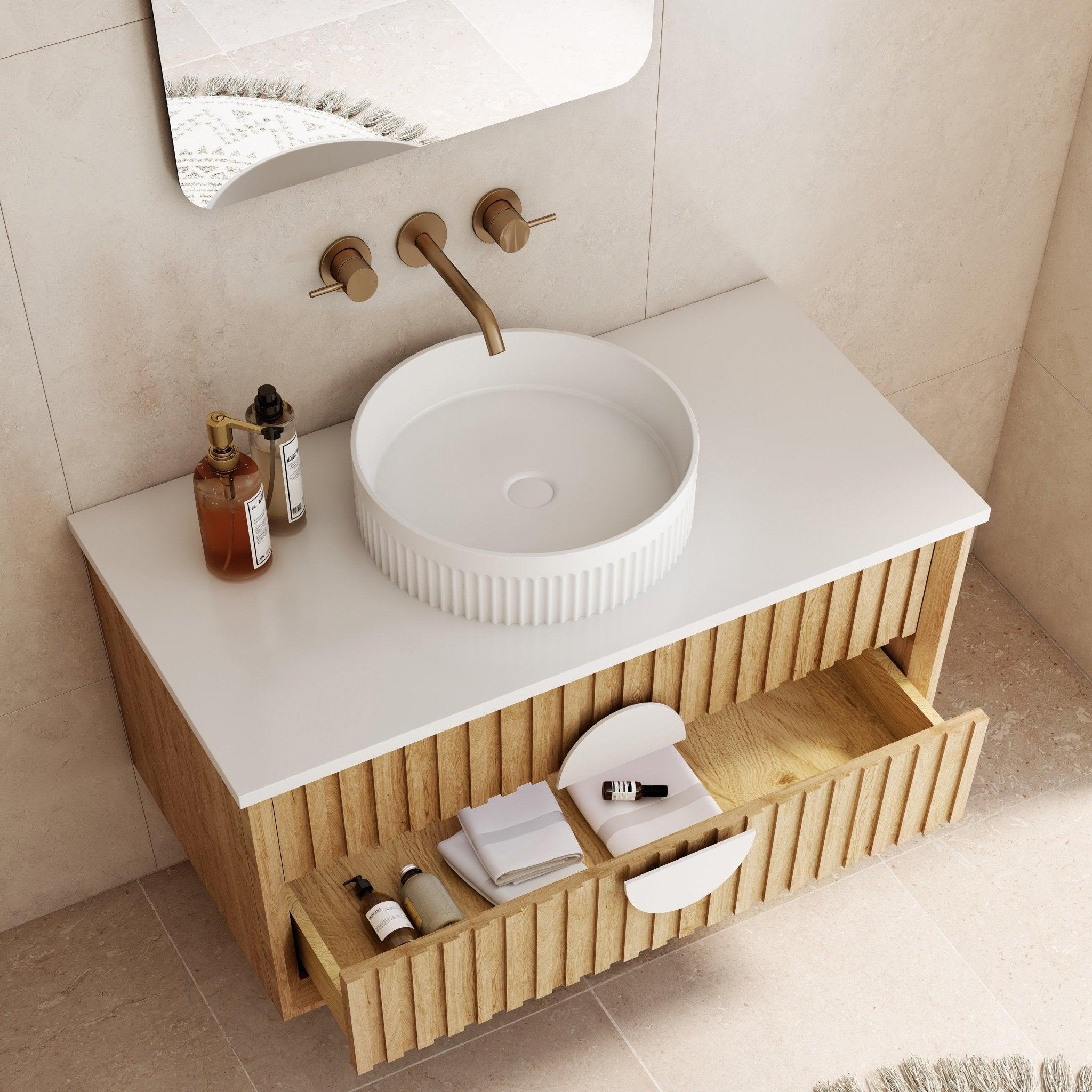 Milano Flow All-Drawer Wall Hung Vanity Natural Oak - Ideal Bathroom CentreFL900N-ALLDRAWER900mmCentre Bowl
