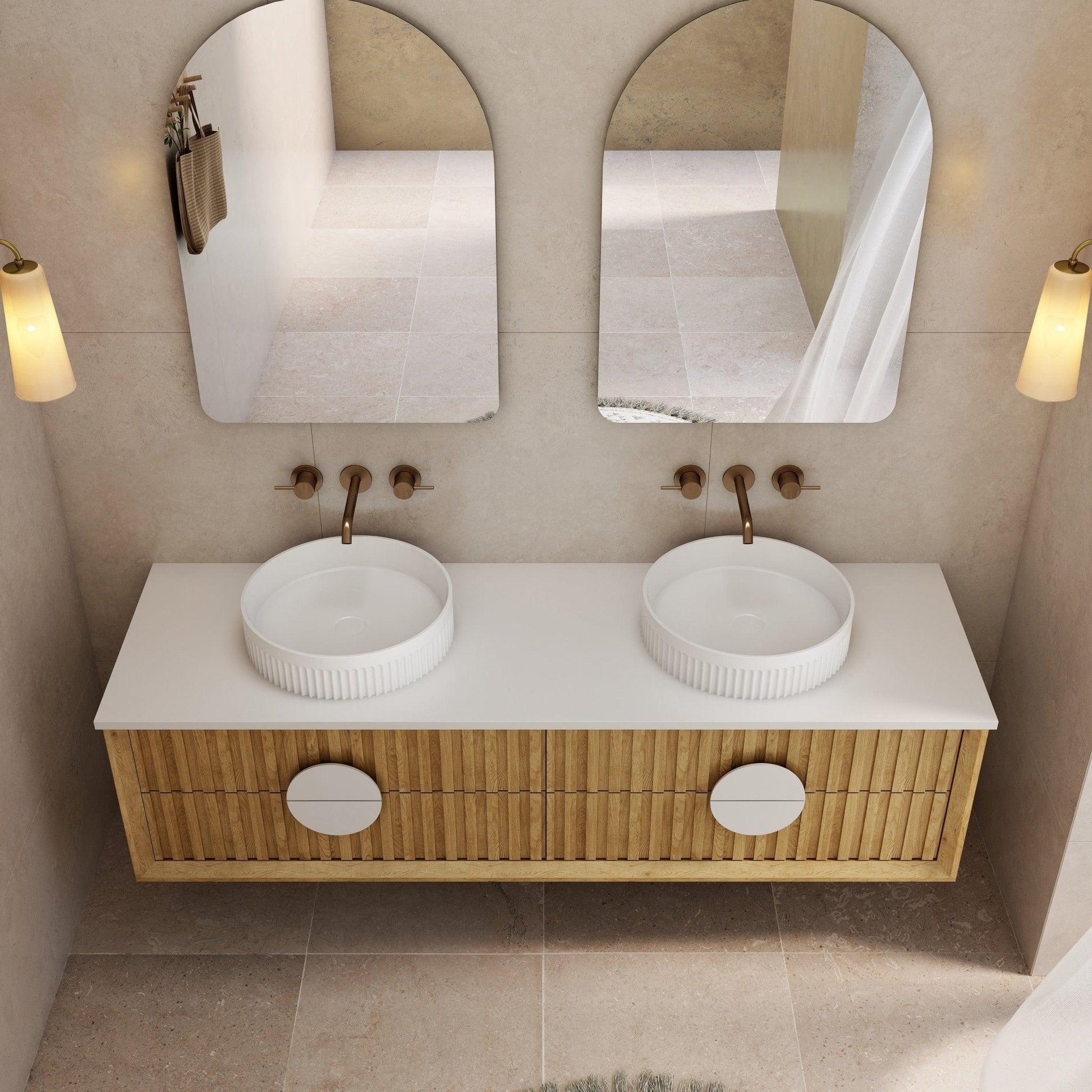 Milano Flow All-Drawer Wall Hung Vanity Natural Oak - Ideal Bathroom CentreFL1500N-ALLDRAWER1500mmDouble Bowl