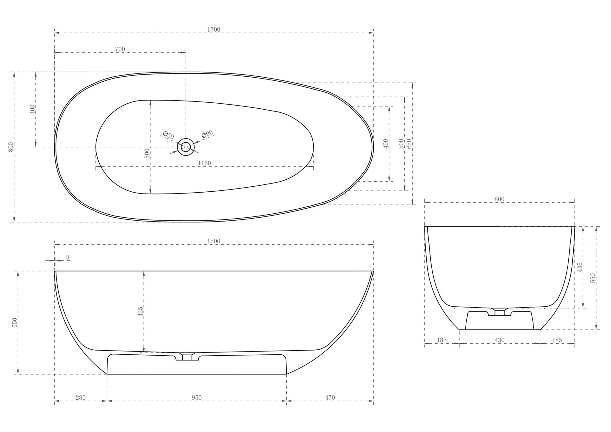 Milano Lyric Solid Surface Stone Bathtub - Ideal Bathroom CentreBT-SBO13001300mm