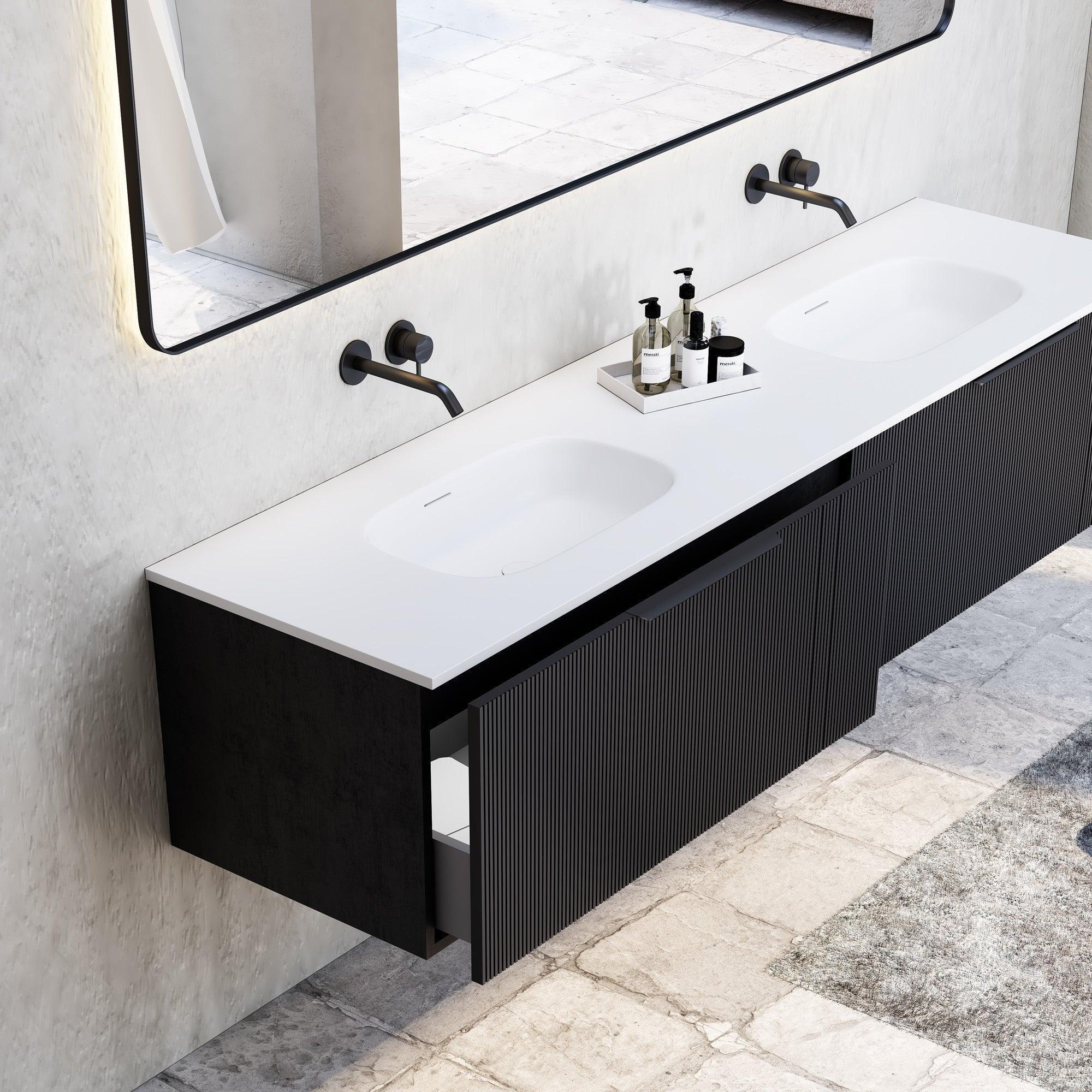 Milano Sicily V-Groove Wall Hung Vanity - Ideal Bathroom CentreSI1800EO1TH1800mm Double BowlEmpire Black Oak1 Tap Hole