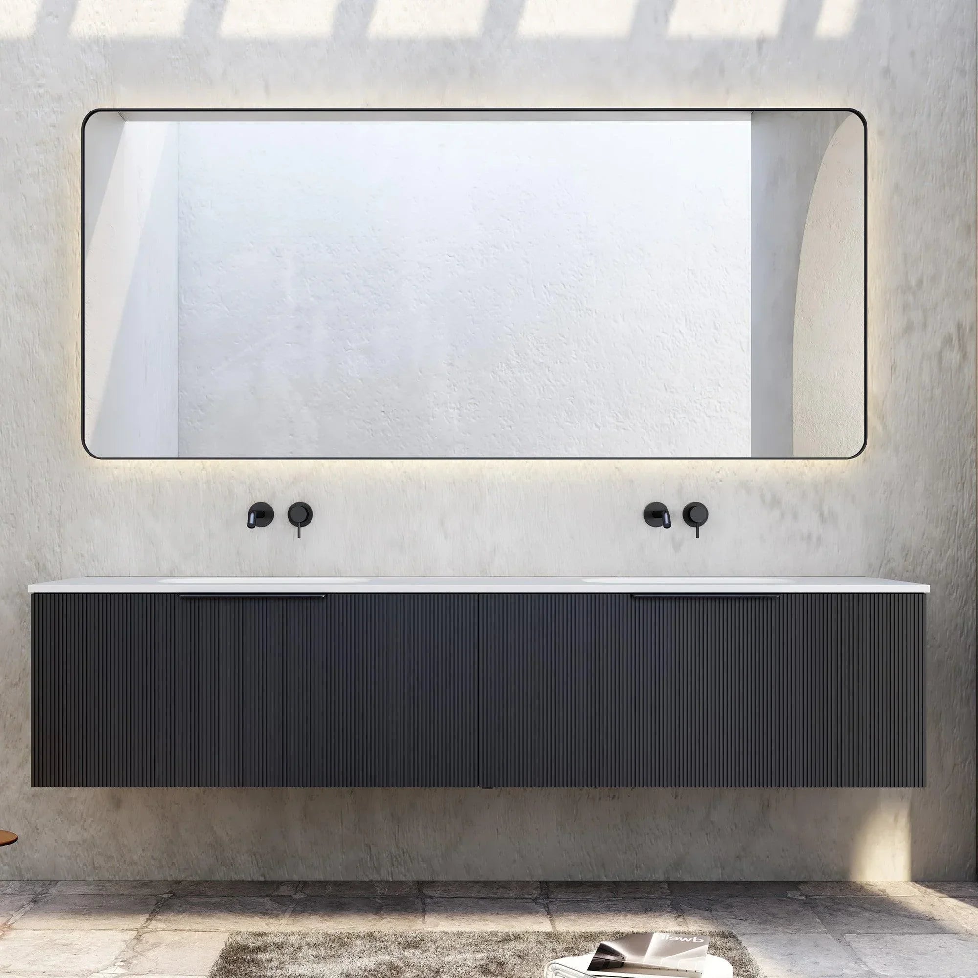 Milano Sicily V-Groove Wall Hung Vanity - Ideal Bathroom CentreSI1800EO1TH1800mm Double BowlEmpire Black Oak1 Tap Hole