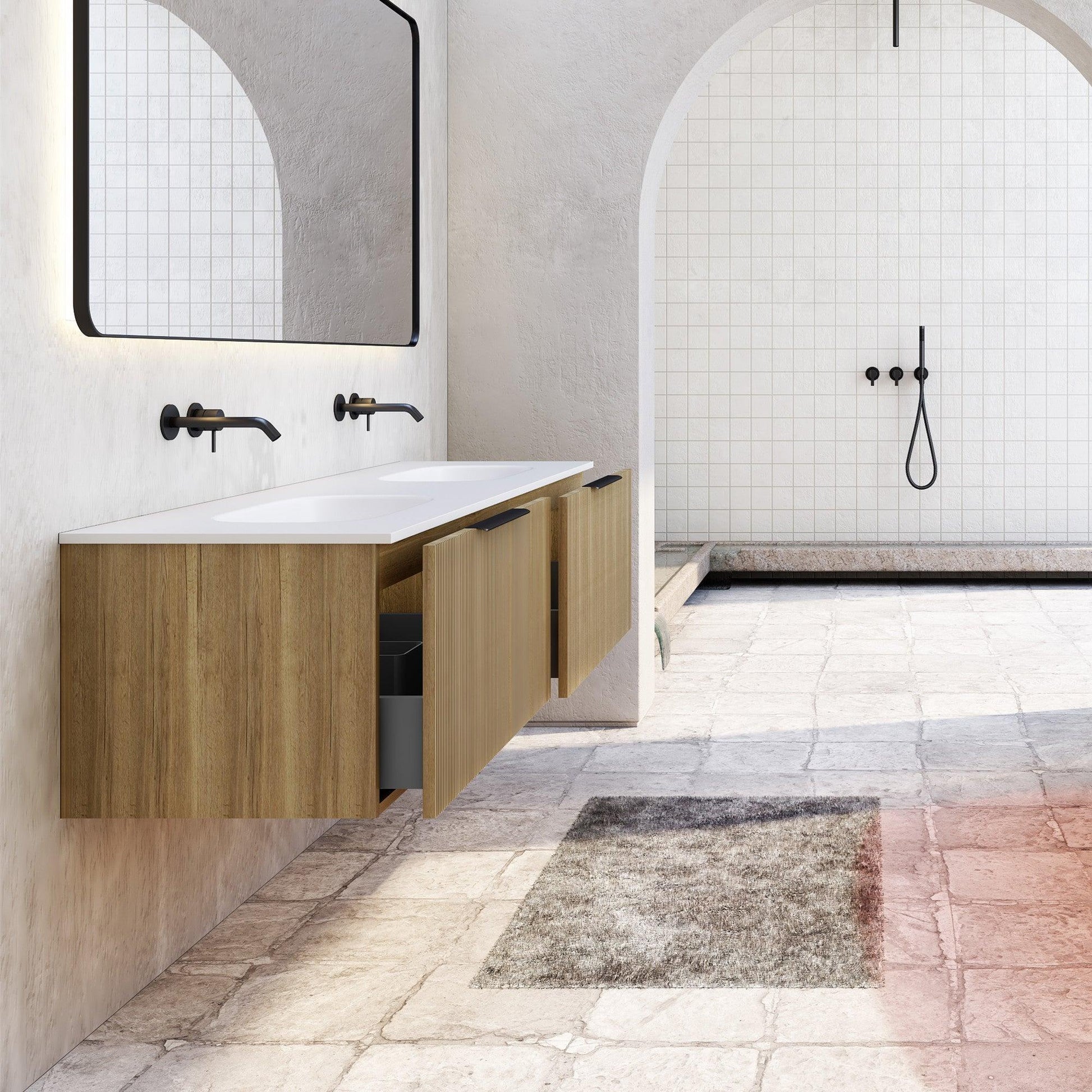 Milano Sicily V-Groove Wall Hung Vanity - Ideal Bathroom CentreSI1500BW1TH1500mm Double BowlBright Walnut1 Tap Hole