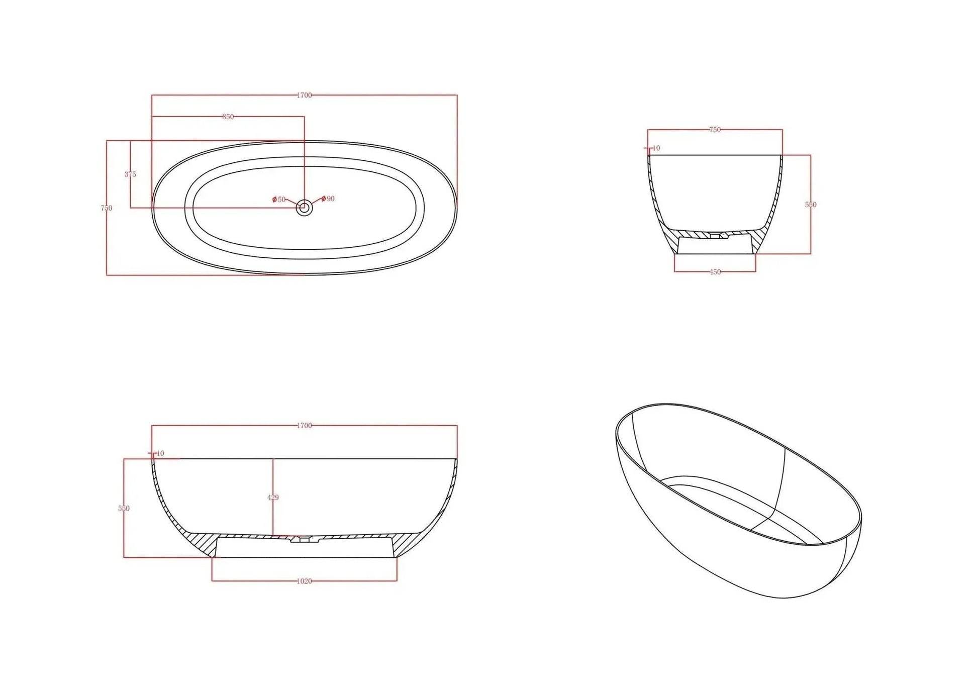 Milano Soul Solid Surface Stone Bathtub - Ideal Bathroom CentreBT-SBR13001300mm
