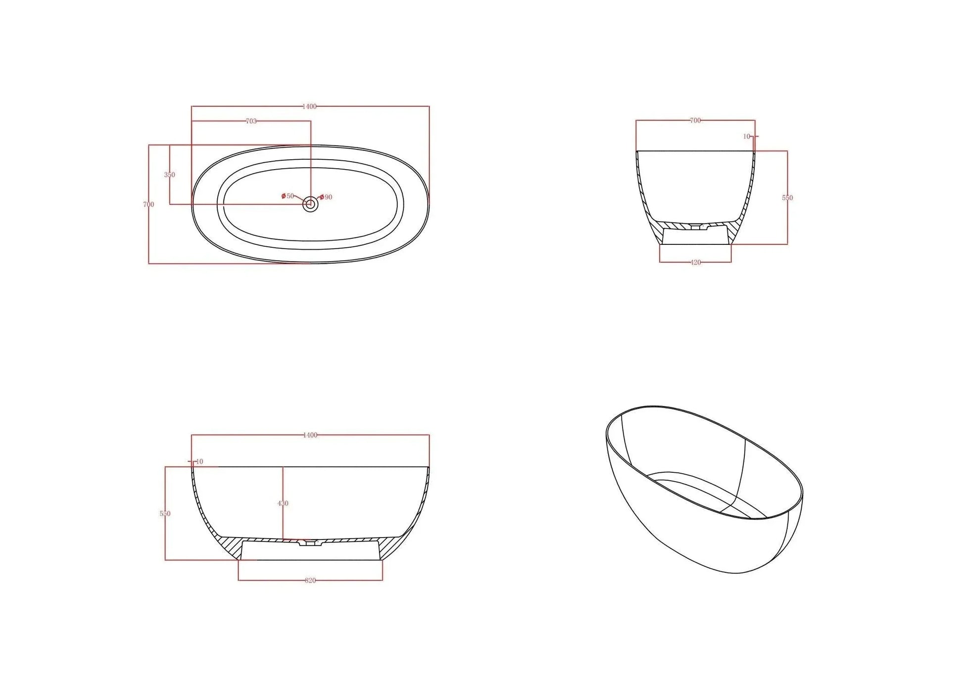 Milano Soul Solid Surface Stone Bathtub - Ideal Bathroom CentreBT-SBR13001300mm