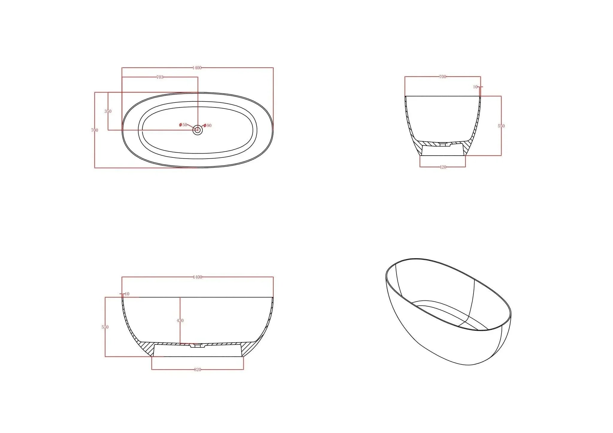 Milano Soul Solid Surface Stone Bathtub - Ideal Bathroom CentreBT-SBR13001300mm