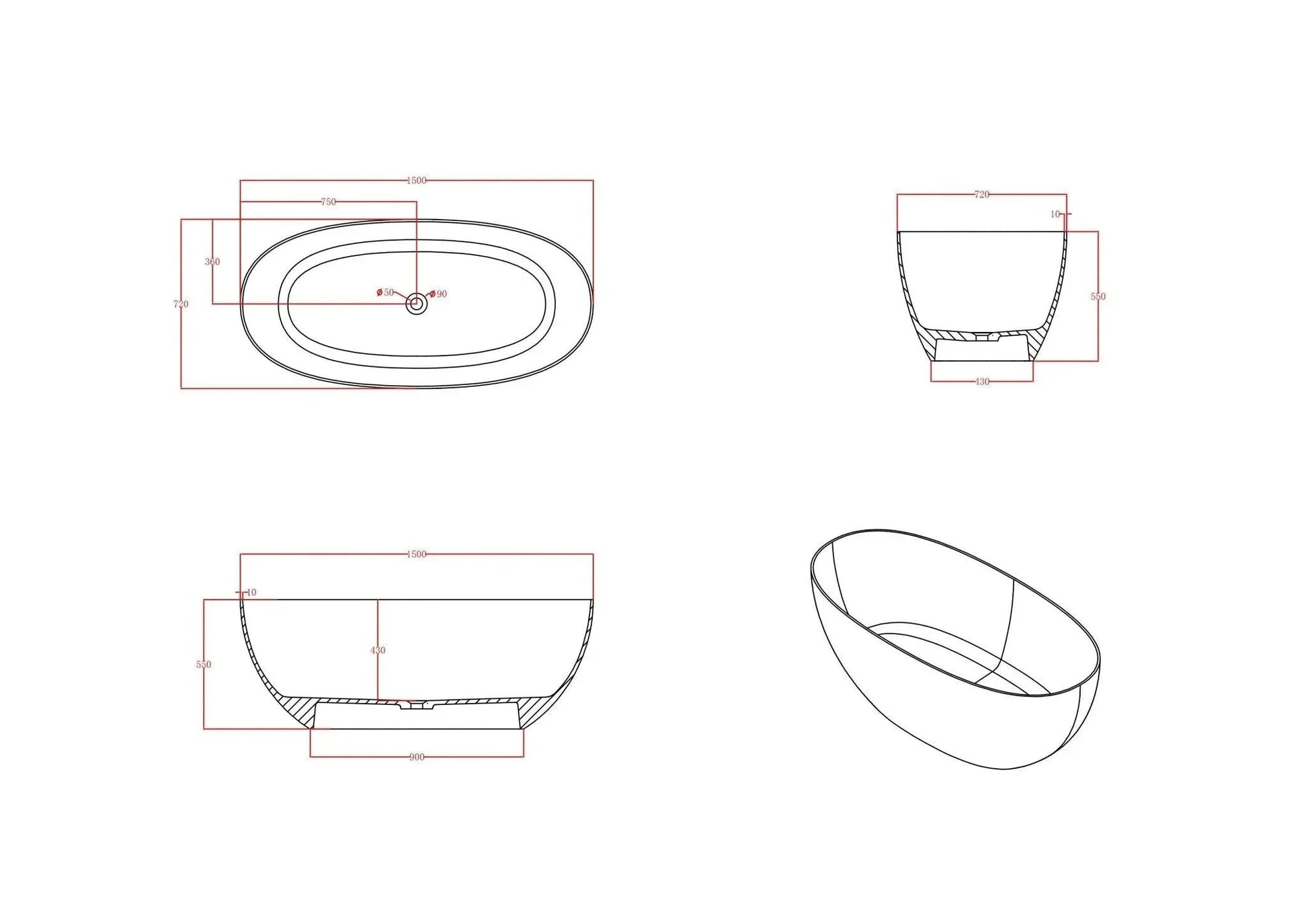 Milano Soul Solid Surface Stone Bathtub - Ideal Bathroom CentreBT-SBR13001300mm