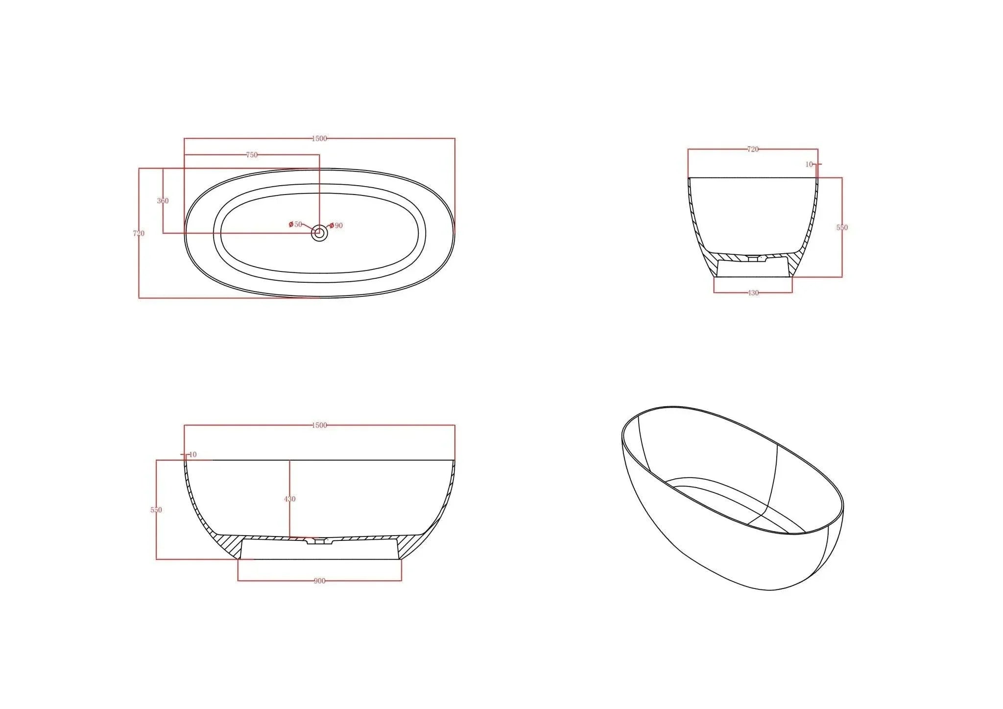 Milano Soul Solid Surface Stone Bathtub - Ideal Bathroom CentreBT-SBR13001300mm