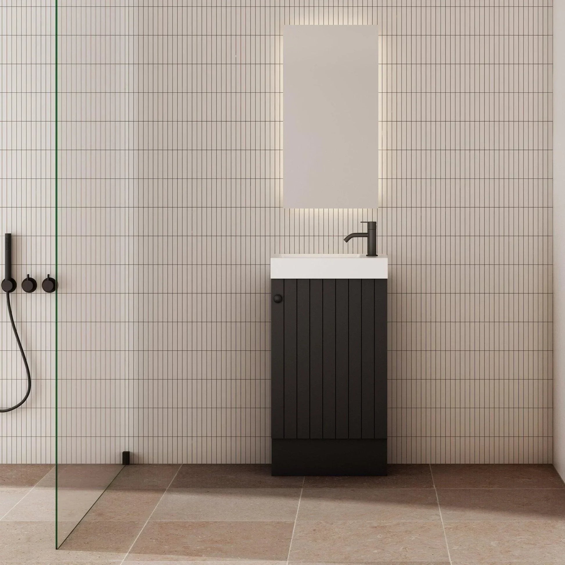 Milano Vee Groove 460mm Small Space Vanity - Ideal Bathroom CentreVG4625FSL-MBMatte BlackFreestandingLeft Hand Hinge