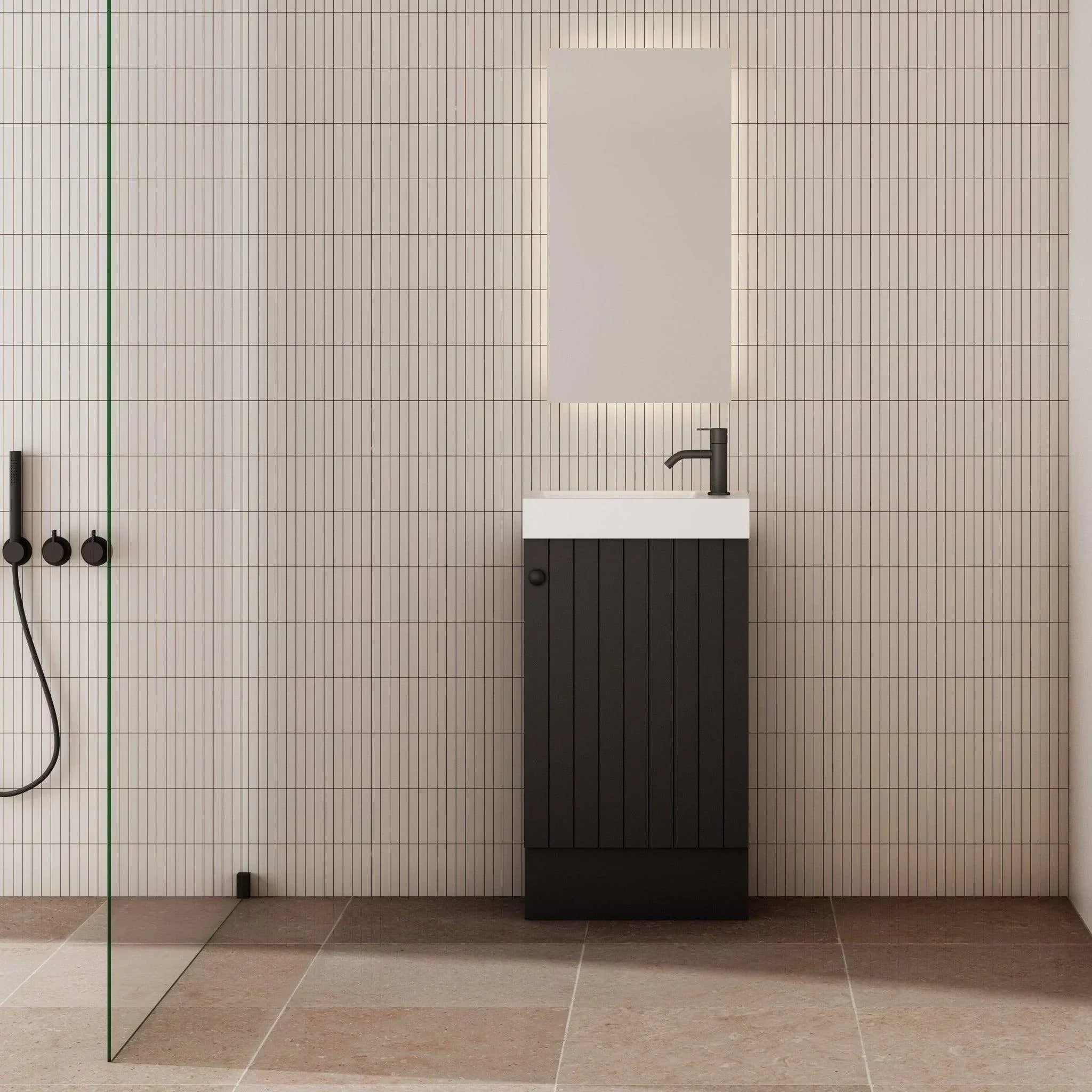 Milano Vee Groove 460mm Small Space Vanity - Ideal Bathroom CentreVG4625FSL-MBMatte BlackFreestandingLeft Hand Hinge