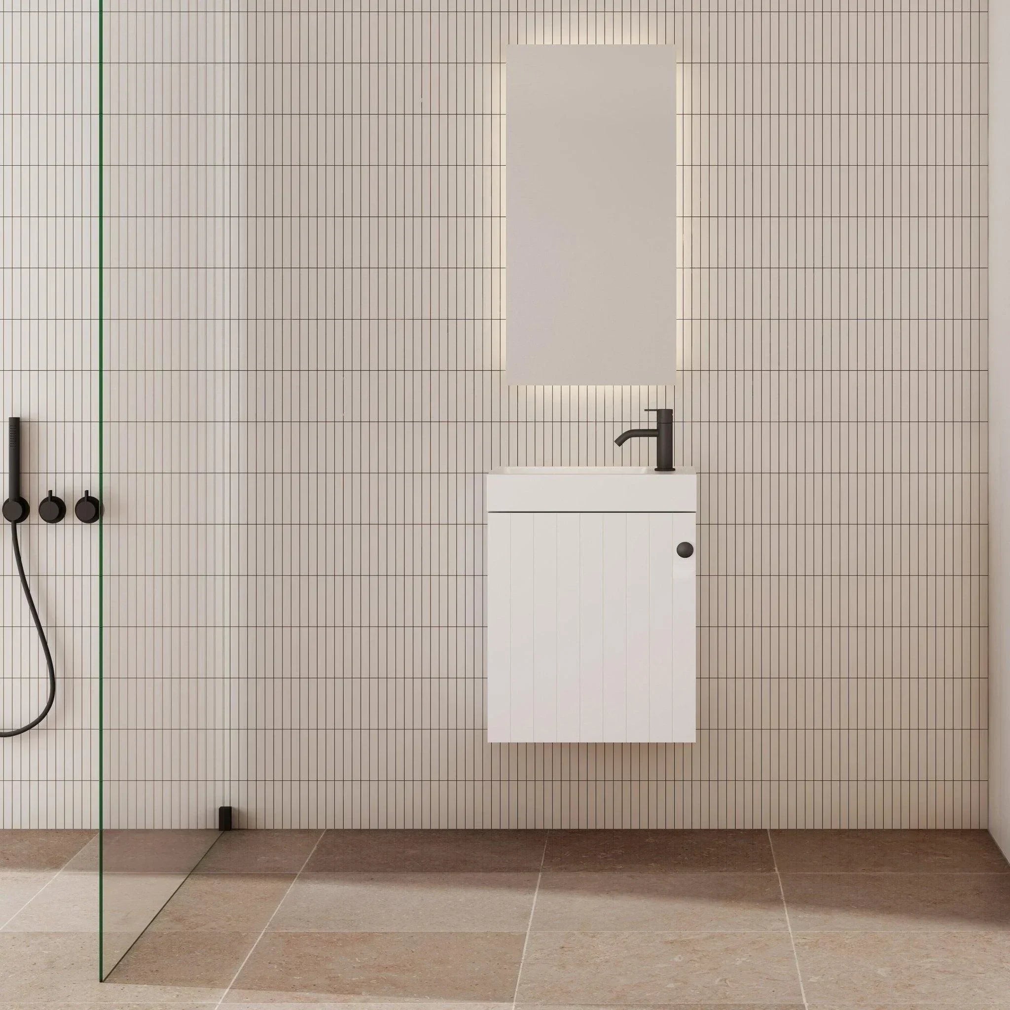 Milano Vee Groove 460mm Small Space Vanity - Ideal Bathroom CentreVG4625WHL-MWMatte WhiteWall HungLeft Hand Hinge