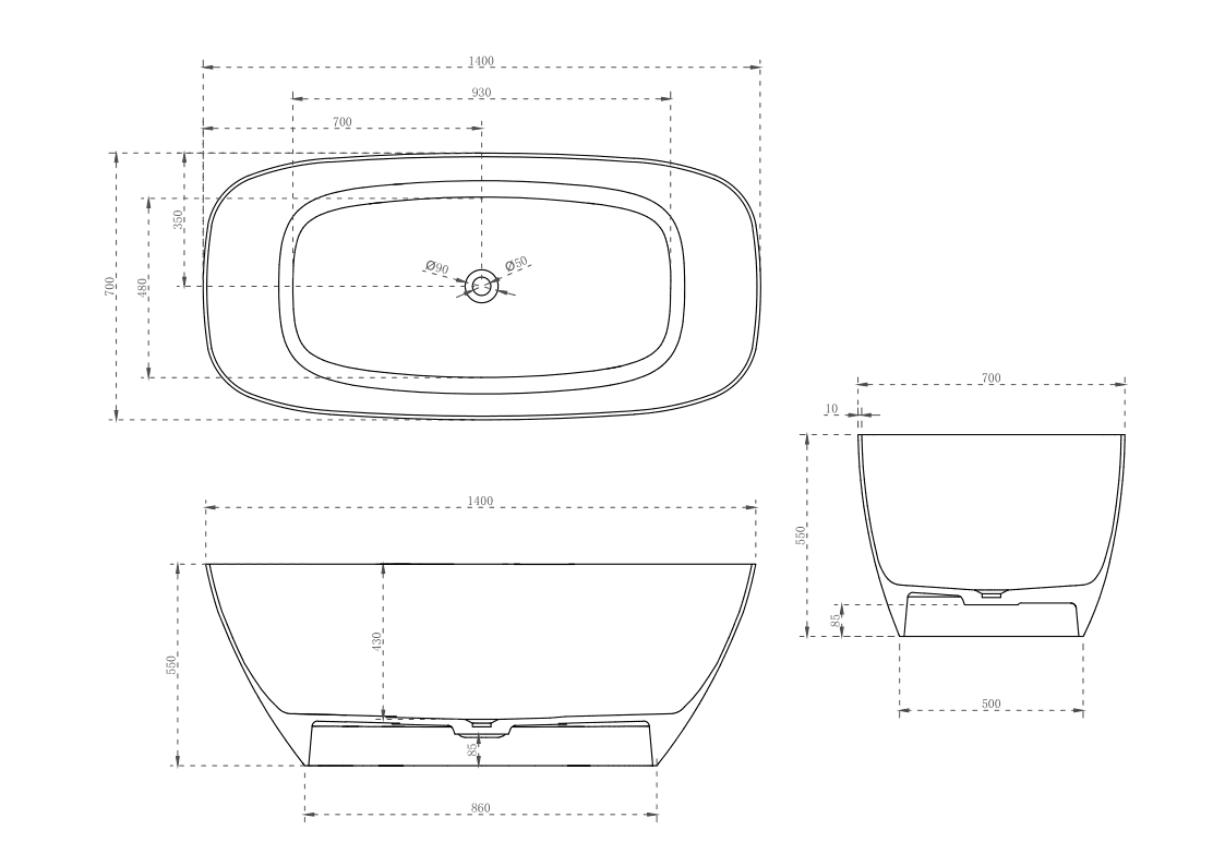 Milano Verse Solid Surface Stone Bathtub - Ideal Bathroom CentreBT-SBS14001400mm